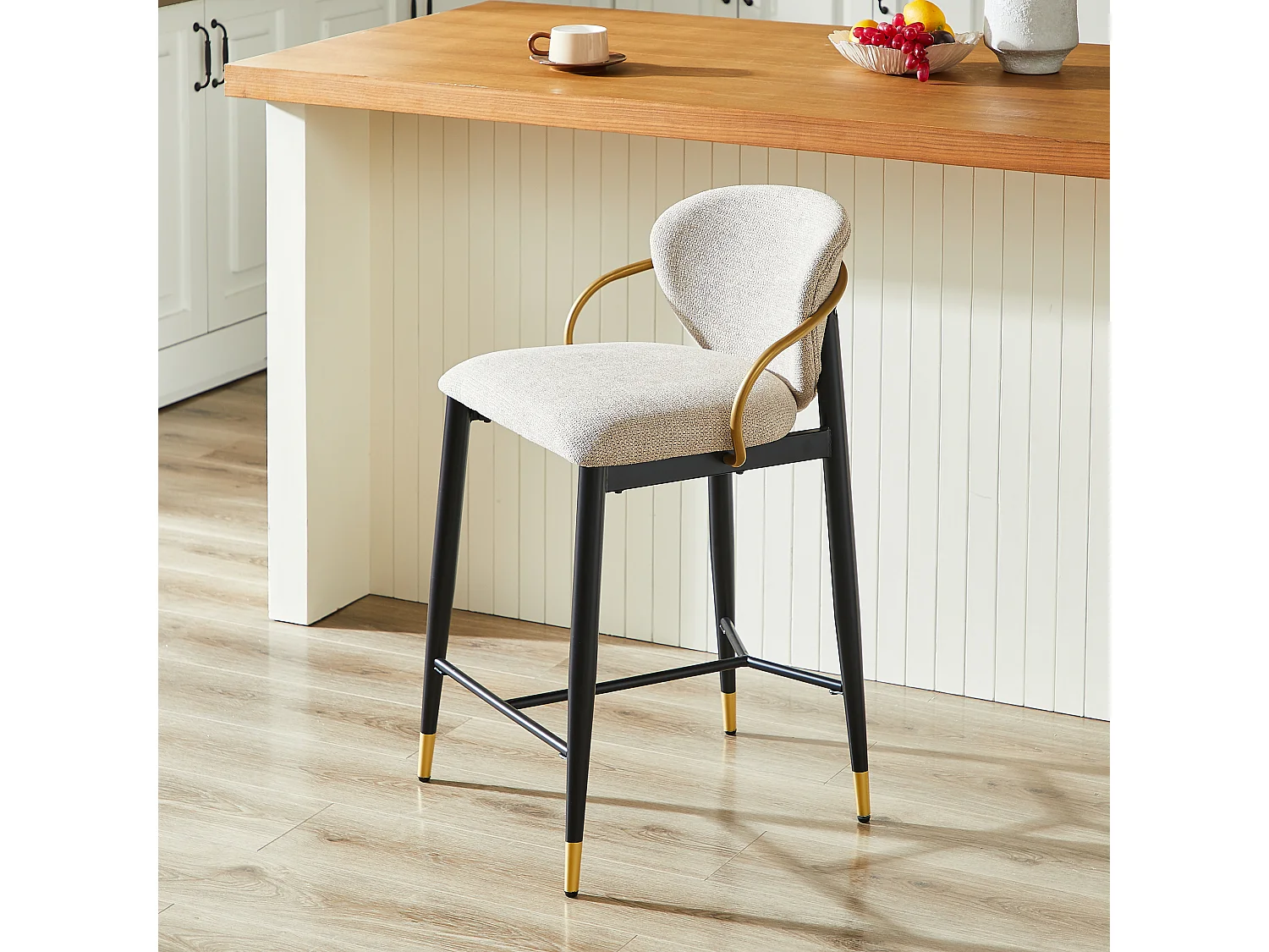 Lot de 2 tabourets de bar, réglables en hauteur, repose-pieds, avec dossier, tissu chenille, noir, doré, marron clair