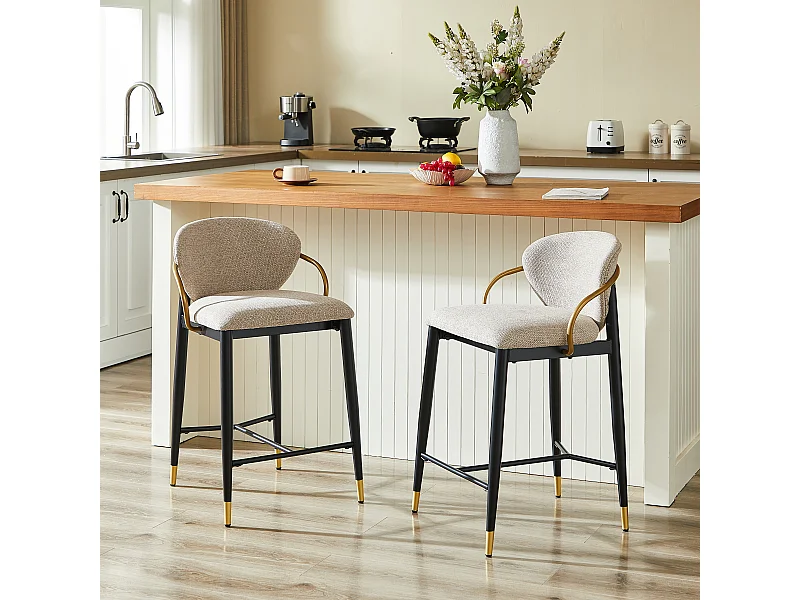 Set van 2 barkrukken, 57x51x97 cm, in hoogte verstelbaar, chenille stof in zwart en beige, voor eetkamer en woonkamer.