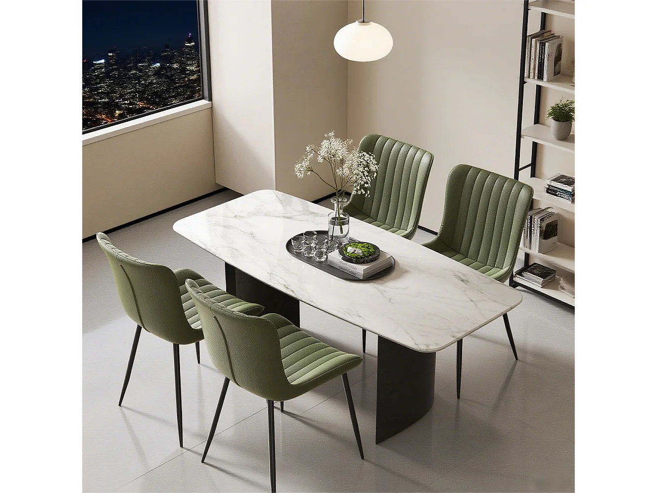 Set van 4 groene stoelen met zwarte poten, PU imitatieleer