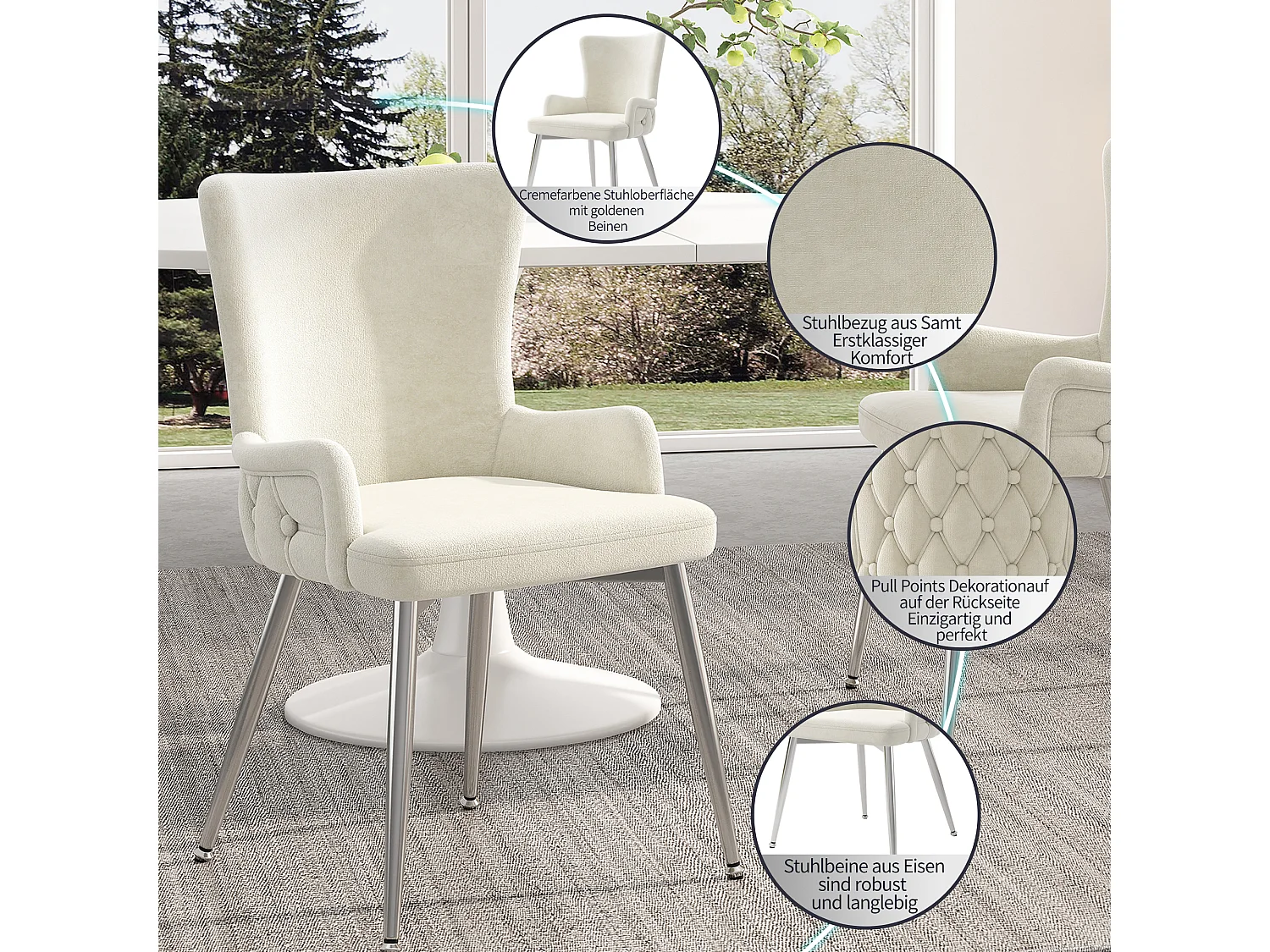 Set van 2 beige metalen fluwelen stoelen voor woonkamer/slaapkamer