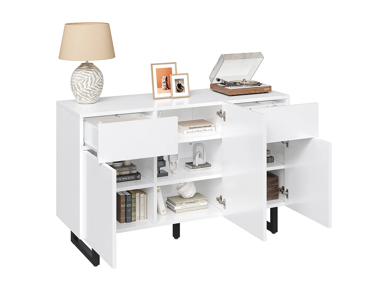 Buffet 120x40.5x75cm style minimaliste bois, rangement flexible avec tiroirs blanc