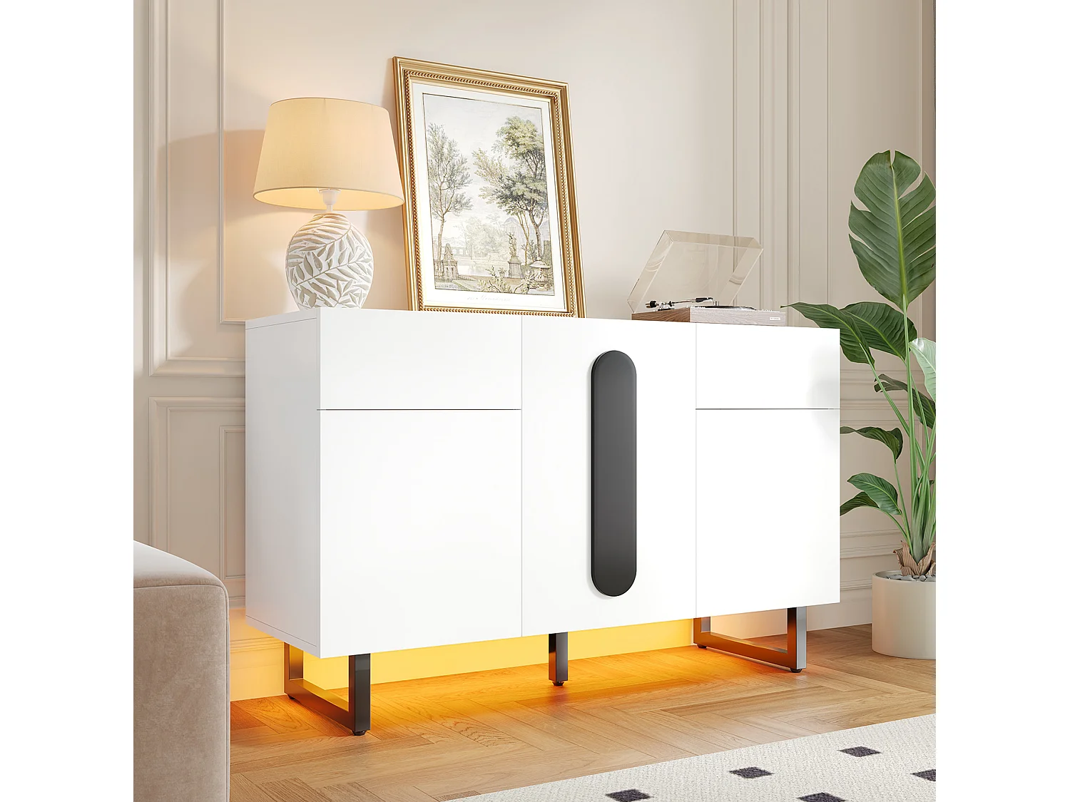 Buffet 120x40.5x75cm style minimaliste bois, rangement flexible avec tiroirs blanc