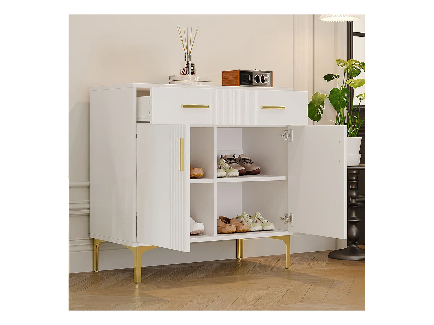 Dressoir 80x35x79,5 cm met lades en opbergkasten, spaanplaat in wit, voor woonkamer