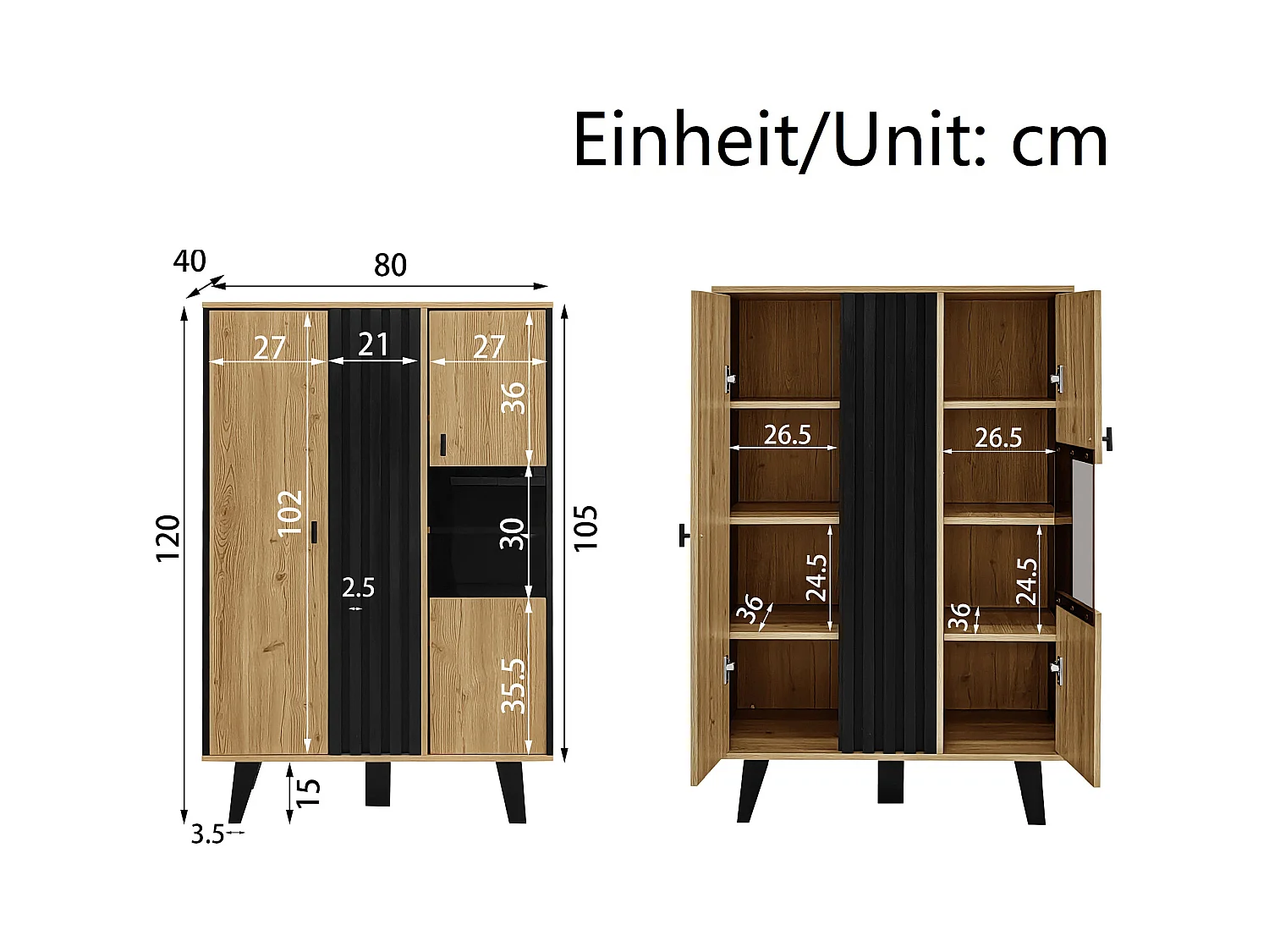 Buffet 80x40x120cm Avec lumière LED Deux portes Espace de rangement Matériel Panneau de particules Couleur naturelle