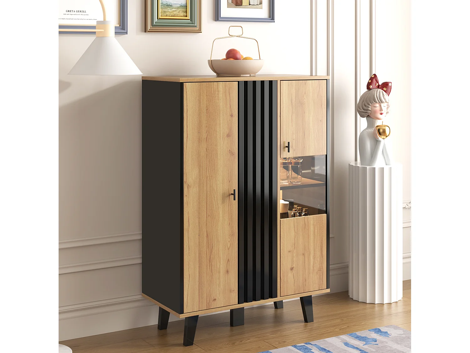 Buffet 80x40x120cm met LED verlichting twee deuren en opslagruimte brengen Materiaal Spaanplaat in Natuurlijke kleur