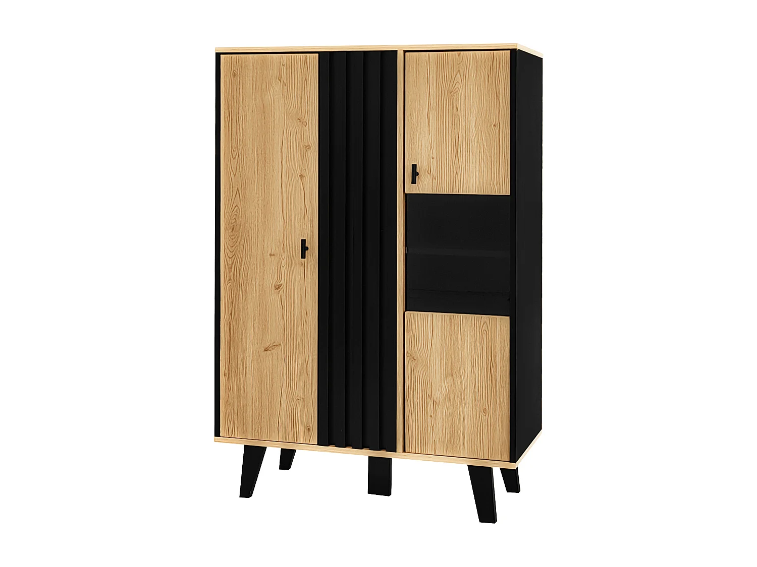 Vitrine 80x120x40 cm, 2 portes en verre, LED intérieure, 3 étagères, panneaux de particules, noir et bois