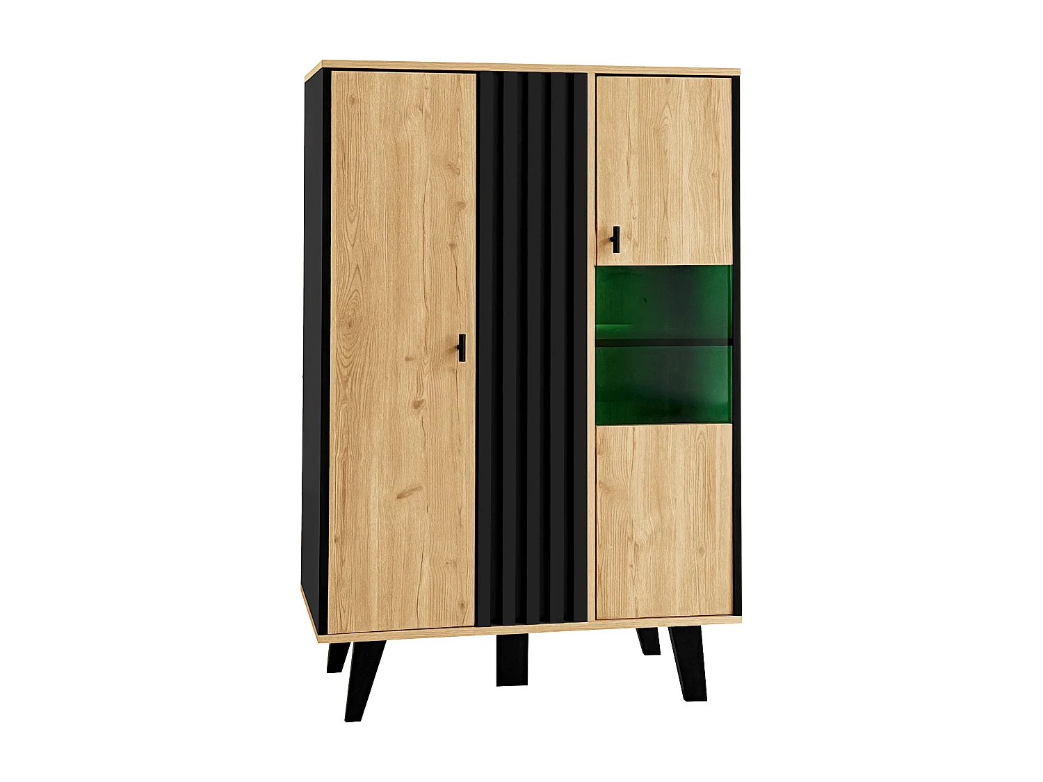 Vitrine 80x120x40 cm, 2 portes en verre, LED intérieure, 3 étagères, panneaux de particules, noir et bois