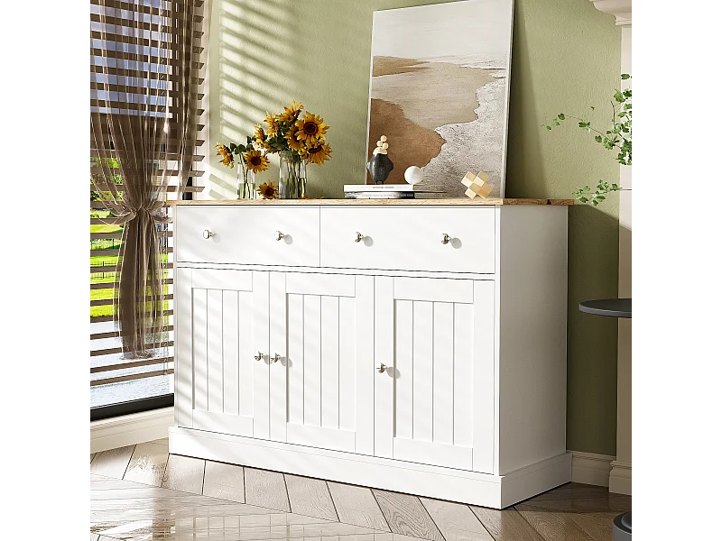 Dressoir 120x36x80,5 cm met twee lades en opbergruimte, spaanplaat in wit, voor woonkamer