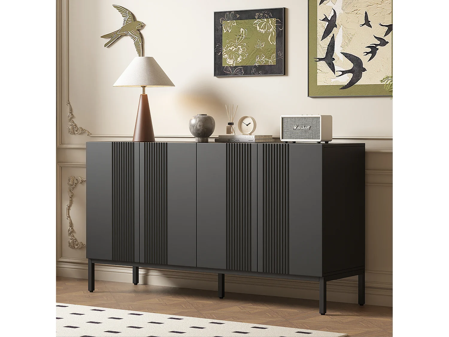 Buffet Noir capacité 50 kg dessus étagères réglables 20 kg MDF pieds métalliques