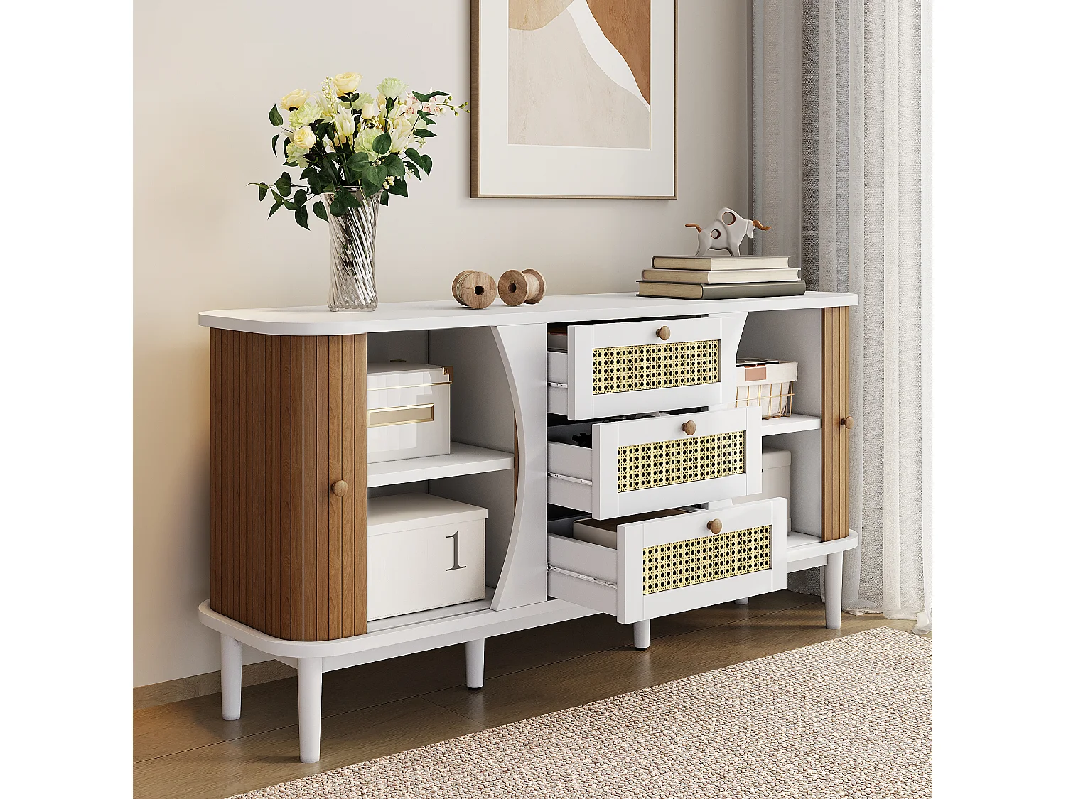 Buffet 140.5x40x76 cm avec tiroirs et étagères réglables panneaux de particules en blanc pour salon