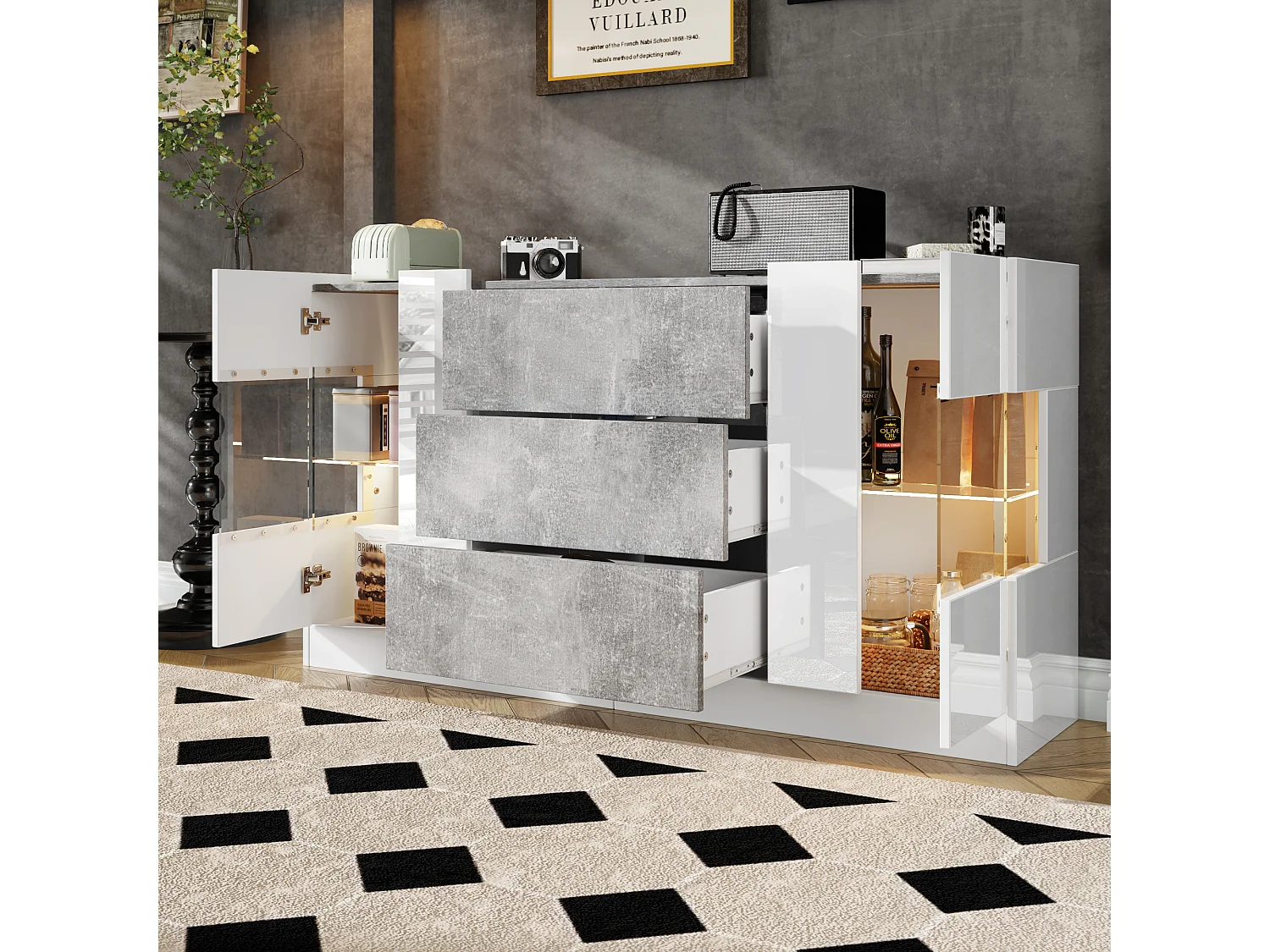 Buffet 140x35x75 cm, éclairage LED 16 couleurs, 2 portes, 3 tiroirs, MDF, panneaux de particules, verre, blanc et effet marbre gris