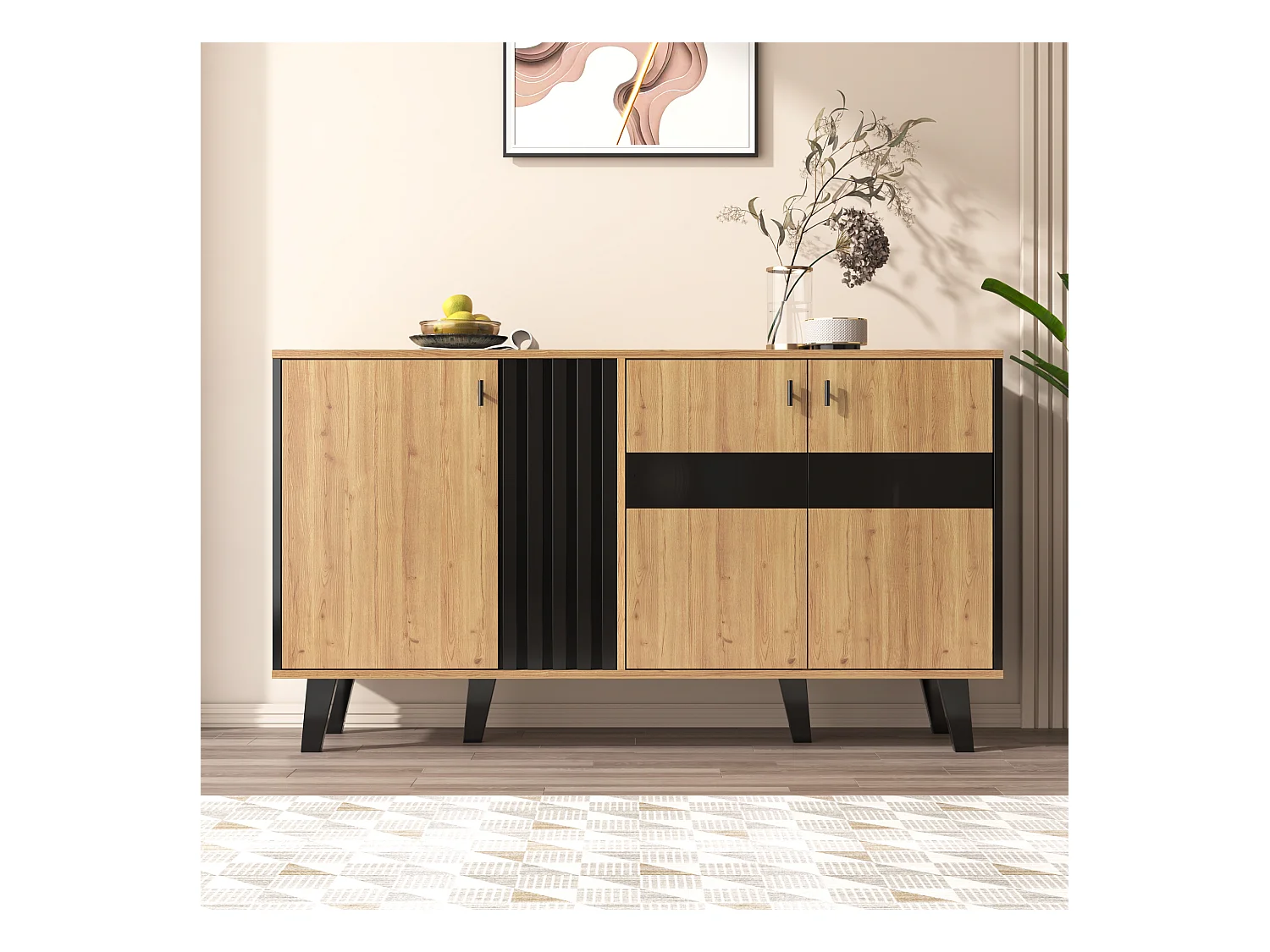 Buffet 140x41x78.5cm Armoire avec lumière LED 3 portes Espace de rangement Matériel Panneau de particules Couleur naturelle