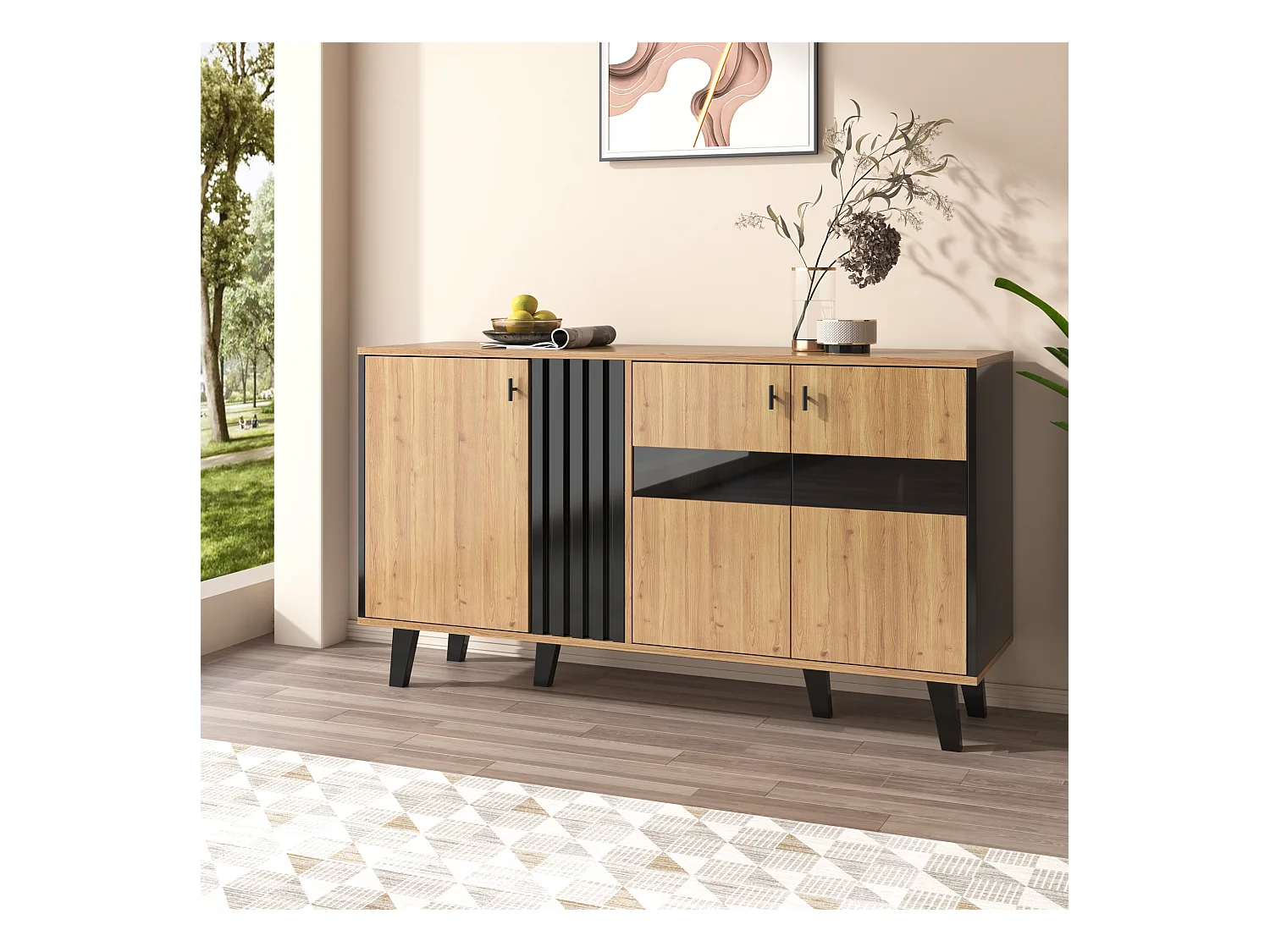 Buffet 140x41x78.5cm Armoire avec lumière LED 3 portes Espace de rangement Matériel Panneau de particules Couleur naturelle