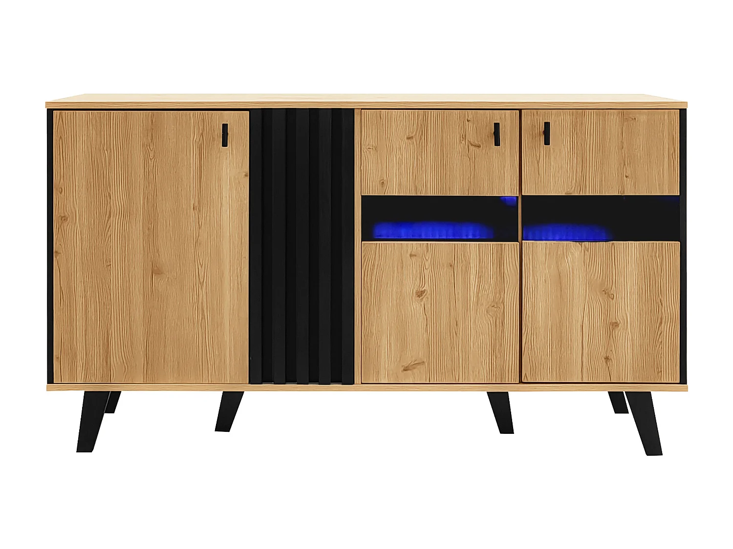 Buffet 140x78.5x41 cm, 3 portes avec étagères, éclairage LED et verre, panneaux de particules, naturel et noir