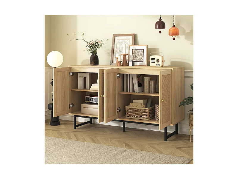 Buffet avec 4 portes en rotin , pieds noirs , naturel 140x39,5x80cm.