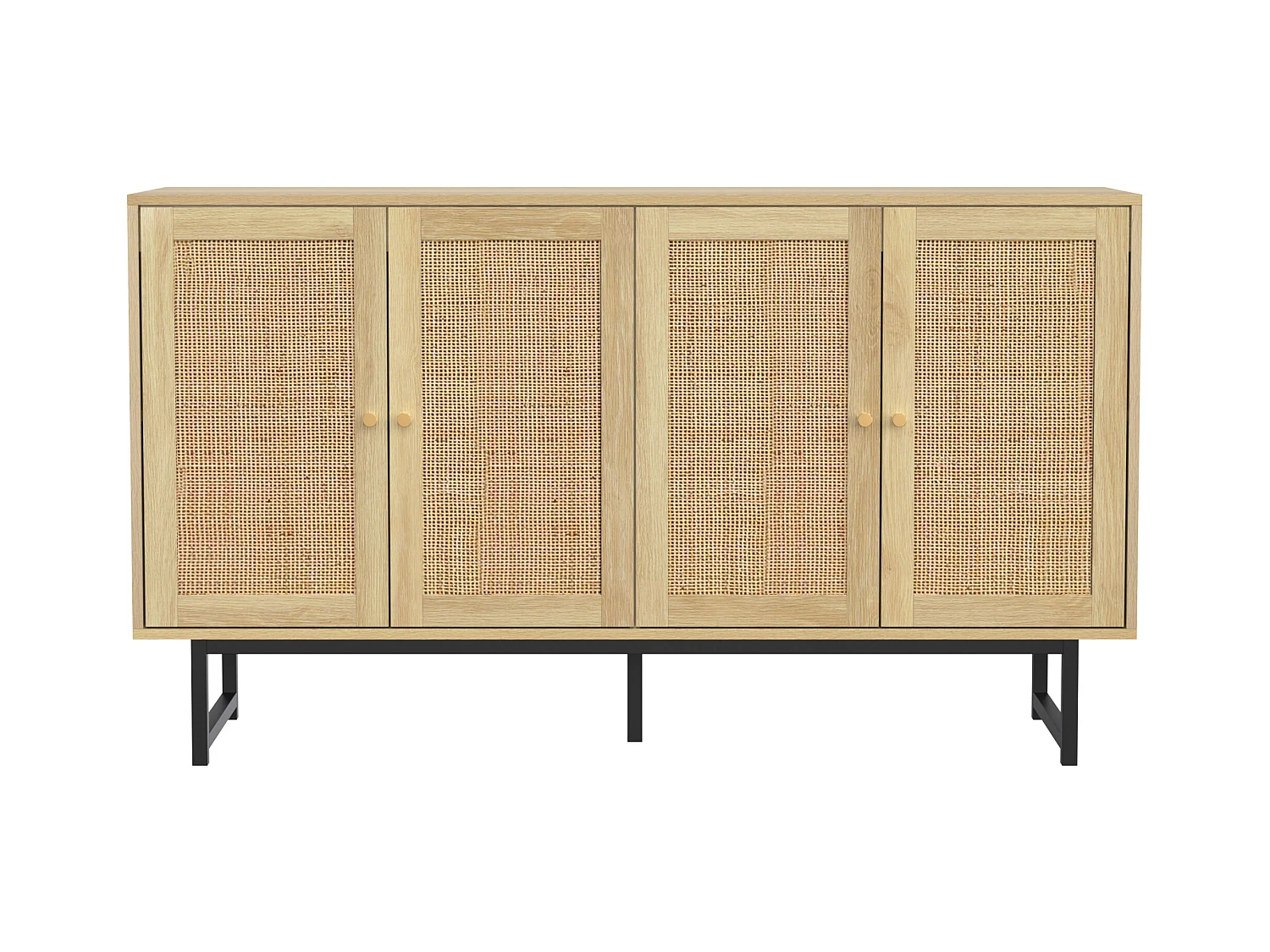 Buffet avec 4 portes en rotin , pieds noirs , naturel 140x39,5x80cm.