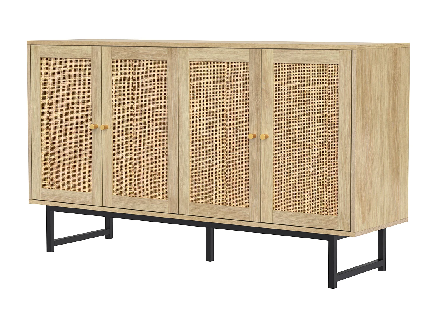 Buffet avec 4 portes en rotin , pieds noirs , naturel 140x39,5x80cm.