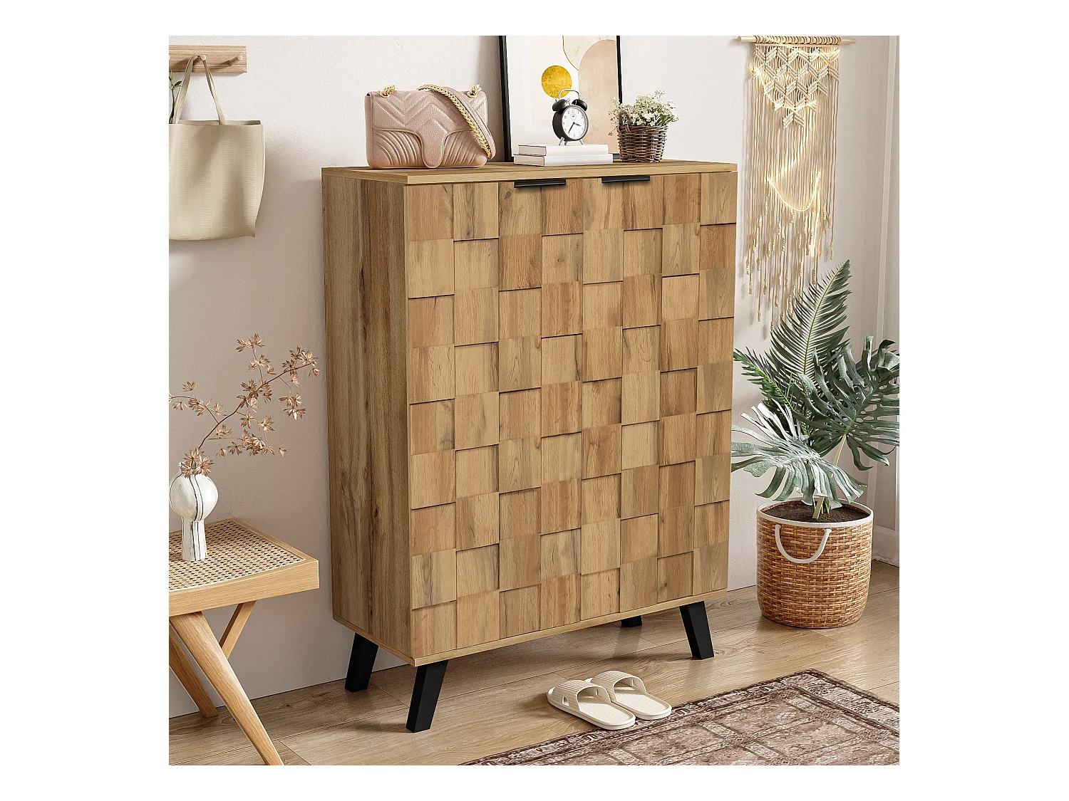 Buffet 80.5x35x109.5 cm avec cinq étagères réglables en panneaux de particules Couleur naturelle pour salon et cuisine