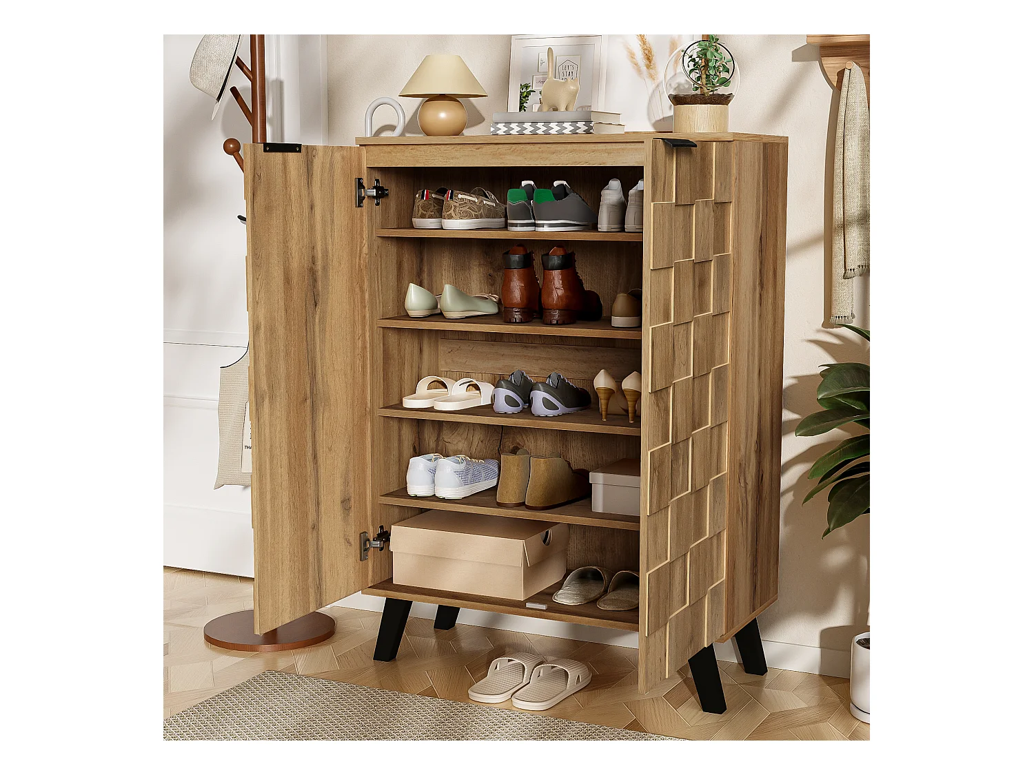 Buffet 80.5x35x109.5 cm avec cinq étagères réglables en panneaux de particules Couleur naturelle pour salon et cuisine