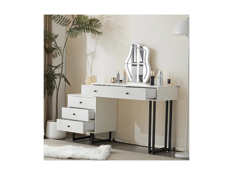 Coiffeuse 150x40x76 cm avec éclairage LED miroir et tiroirs panneaux de particules en blanc pour chambre