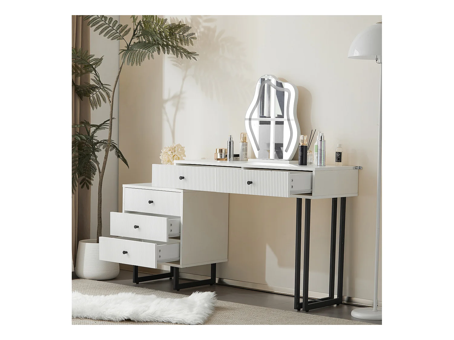 Coiffeuse 150x40x76 cm avec éclairage LED miroir et tiroirs panneaux de particules en blanc pour chambre