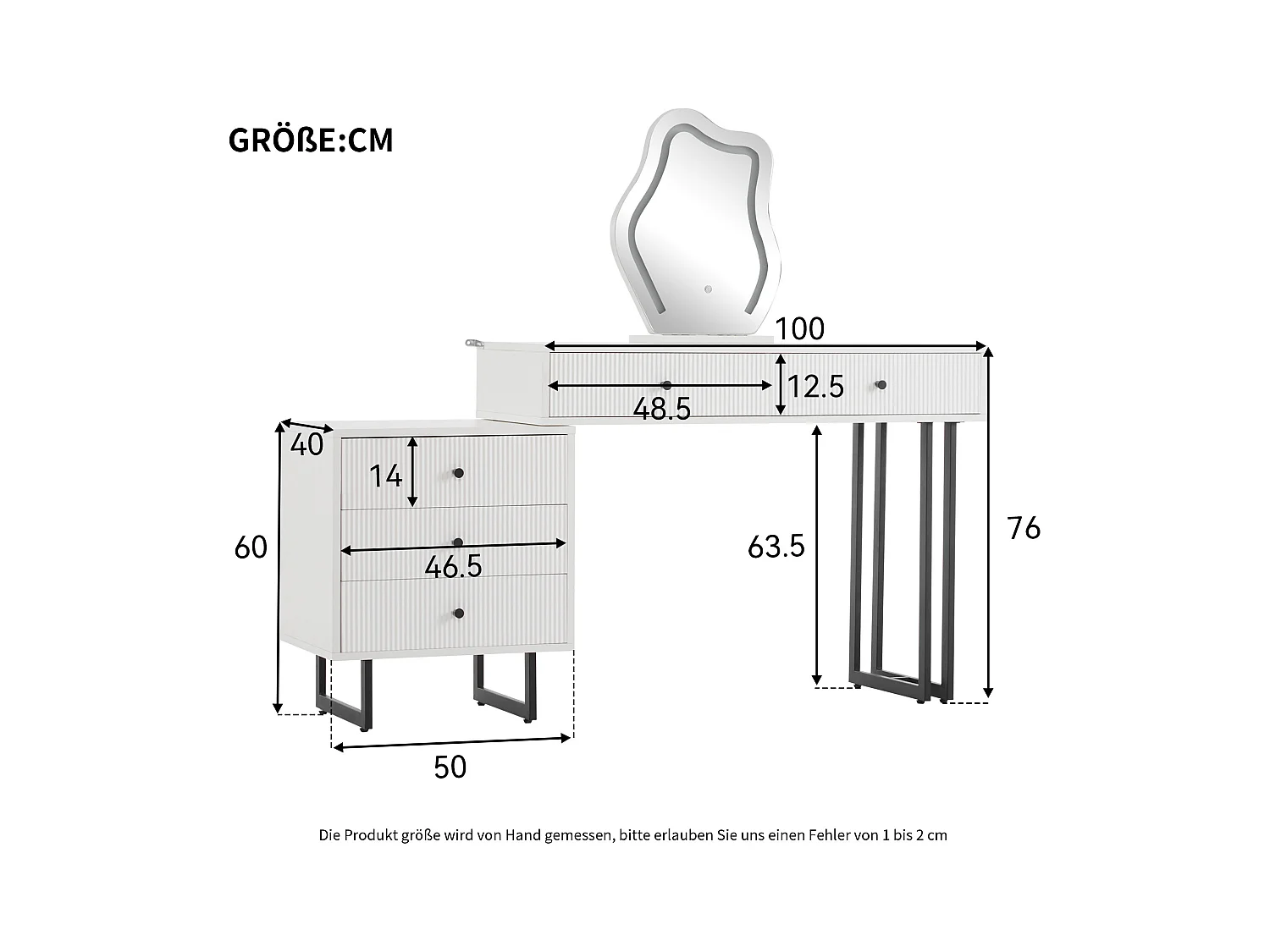 Coiffeuse 150x40x76 cm avec éclairage LED miroir et tiroirs panneaux de particules en blanc pour chambre