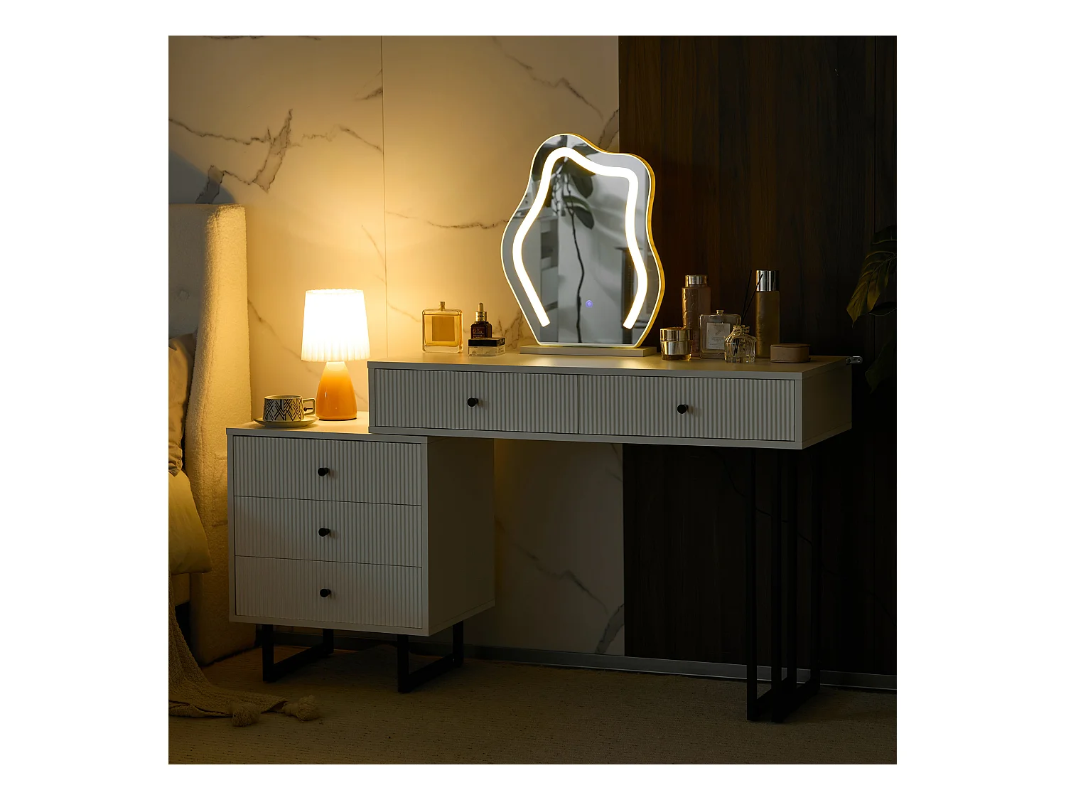Coiffeuse 150x40x76 cm avec éclairage LED miroir et tiroirs panneaux de particules en blanc pour chambre
