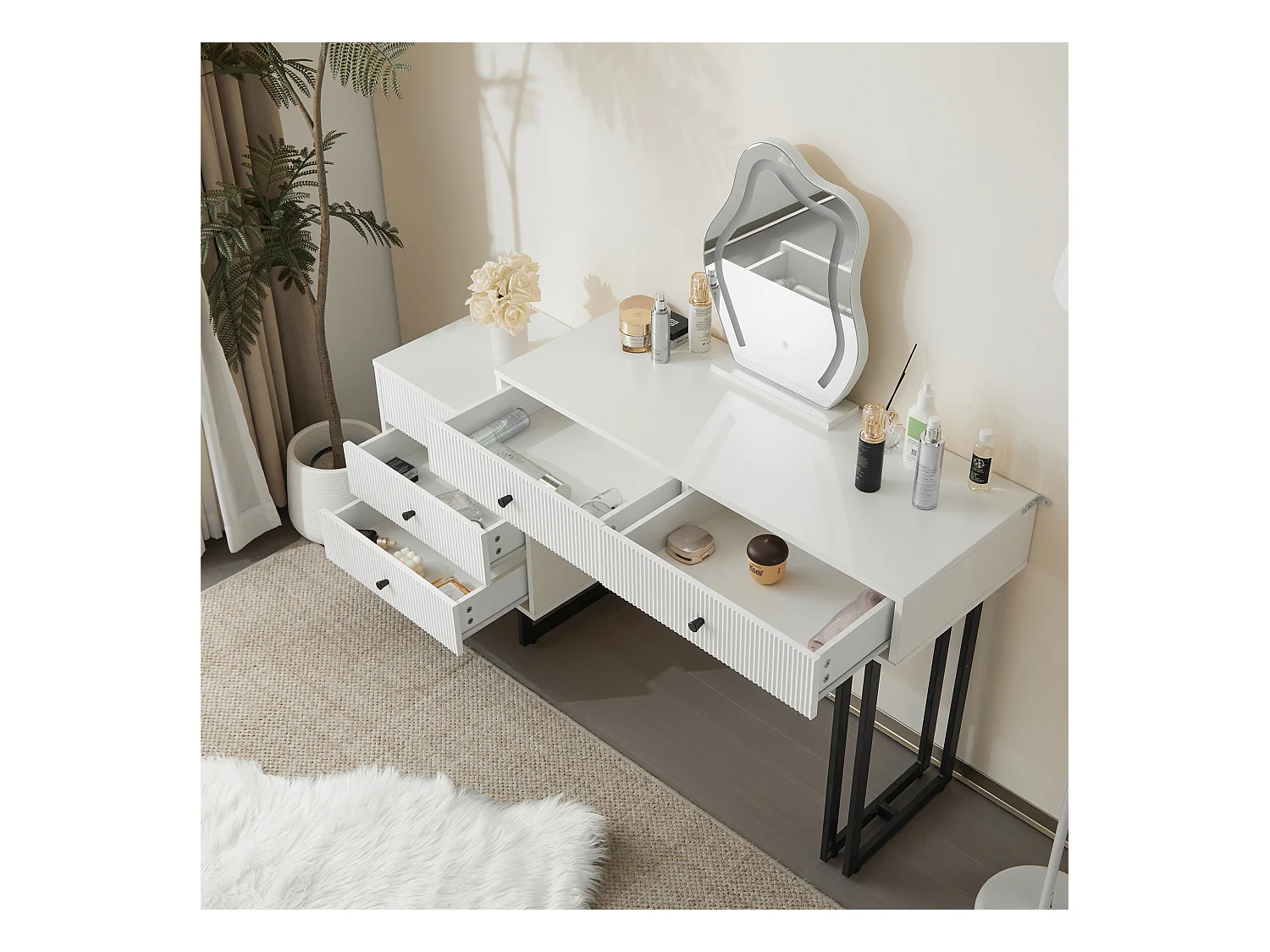 Coiffeuse 150x40x76 cm avec éclairage LED miroir et tiroirs panneaux de particules en blanc pour chambre
