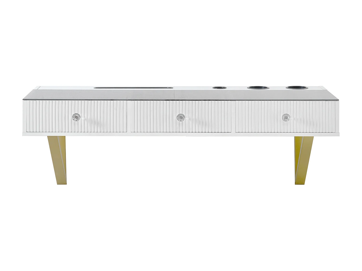 Coiffeuse 120x40x45cm avec trois tiroirs Support pour ordinateur et porte-gobelet Matériaux en verre et en panneaux de particules en blanc
