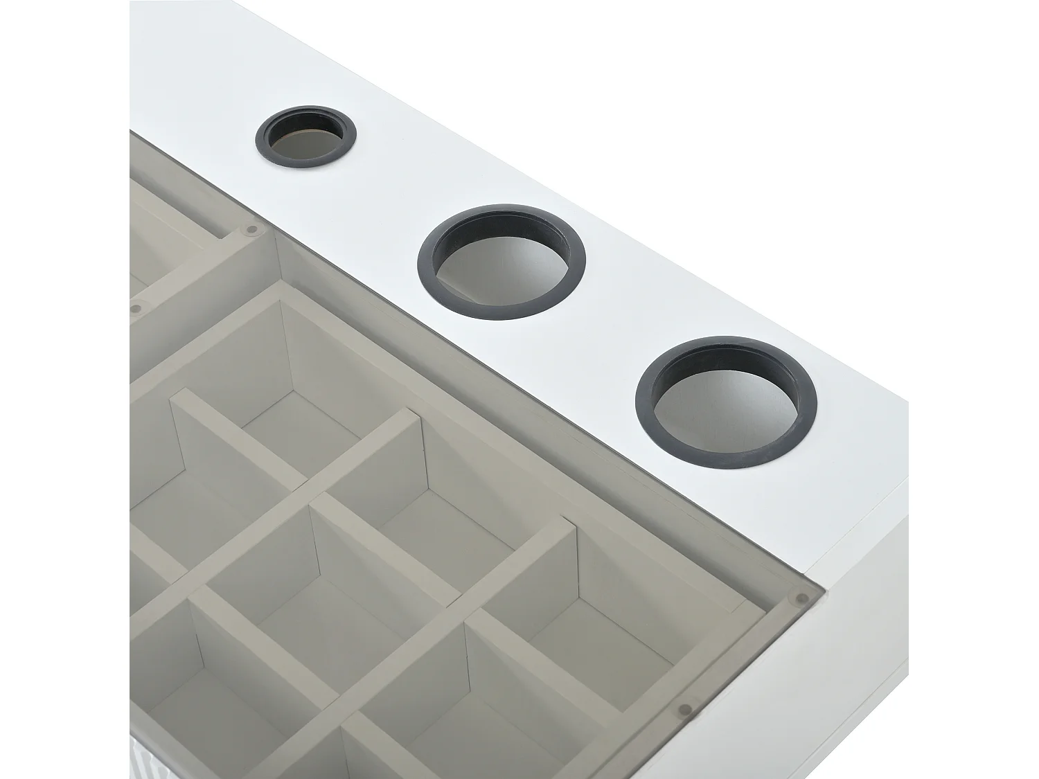 Coiffeuse 120x40x45cm avec trois tiroirs Support pour ordinateur et porte-gobelet Matériaux en verre et en panneaux de particules en blanc
