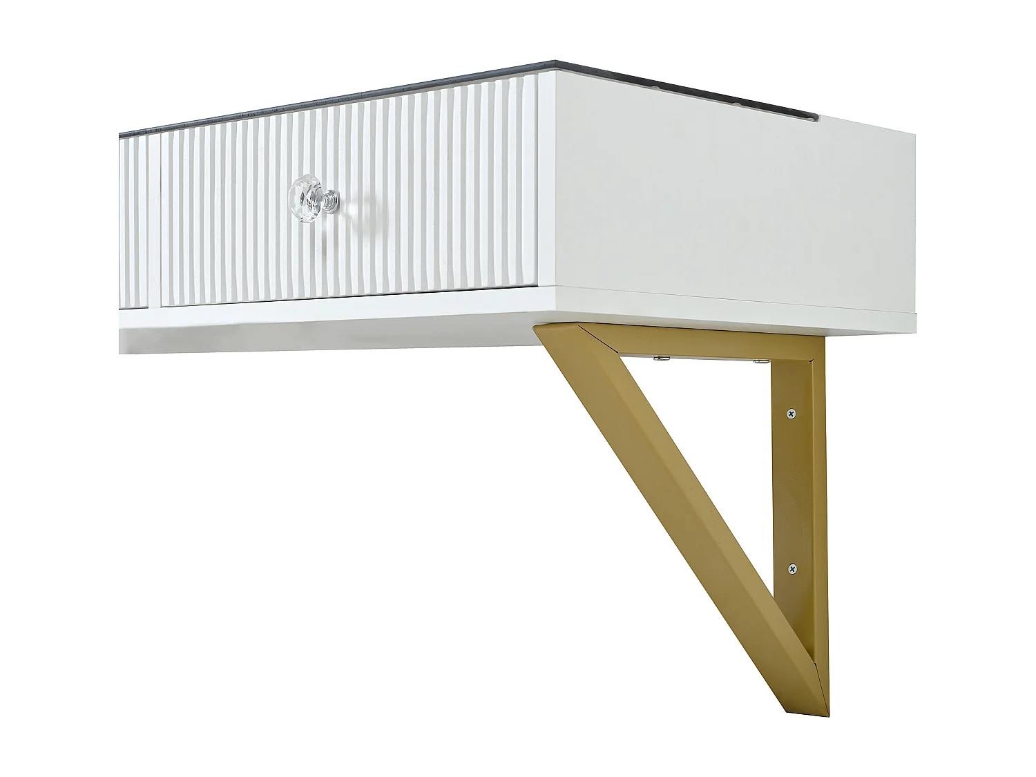 Coiffeuse 120x40x45cm avec trois tiroirs Support pour ordinateur et porte-gobelet Matériaux en verre et en panneaux de particules en blanc