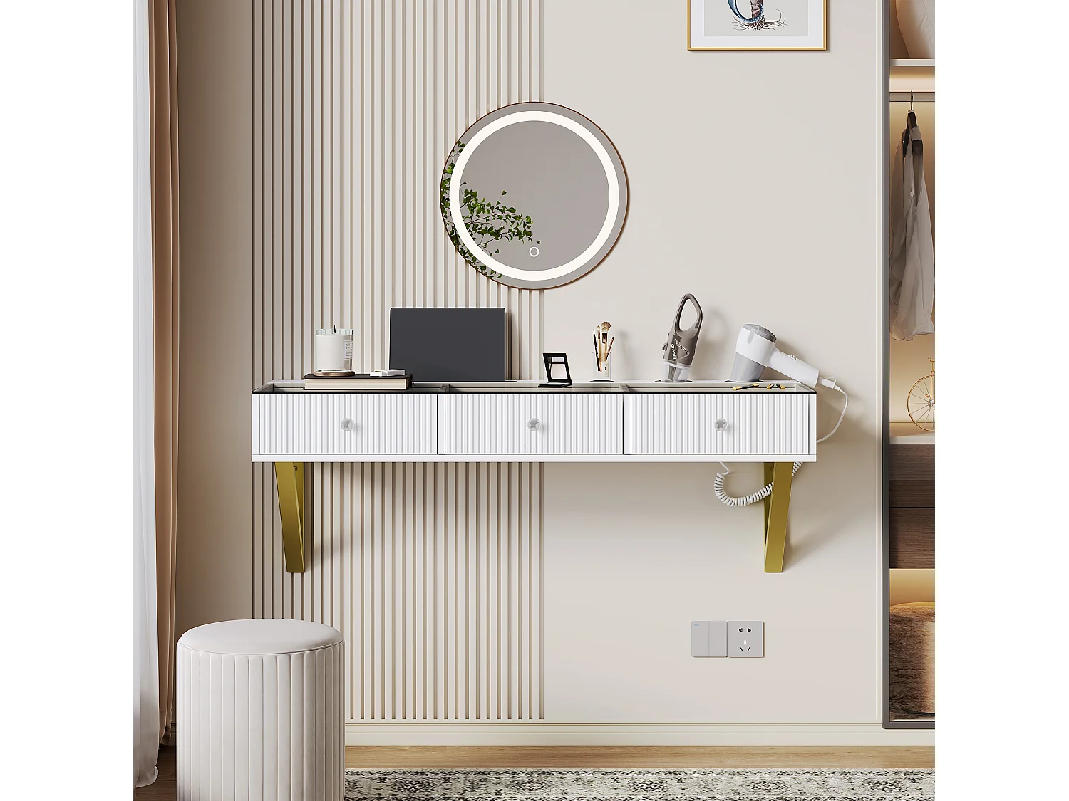 Coiffeuse 120x40x45cm avec trois tiroirs Support pour ordinateur et porte-gobelet Matériaux en verre et en panneaux de particules en blanc
