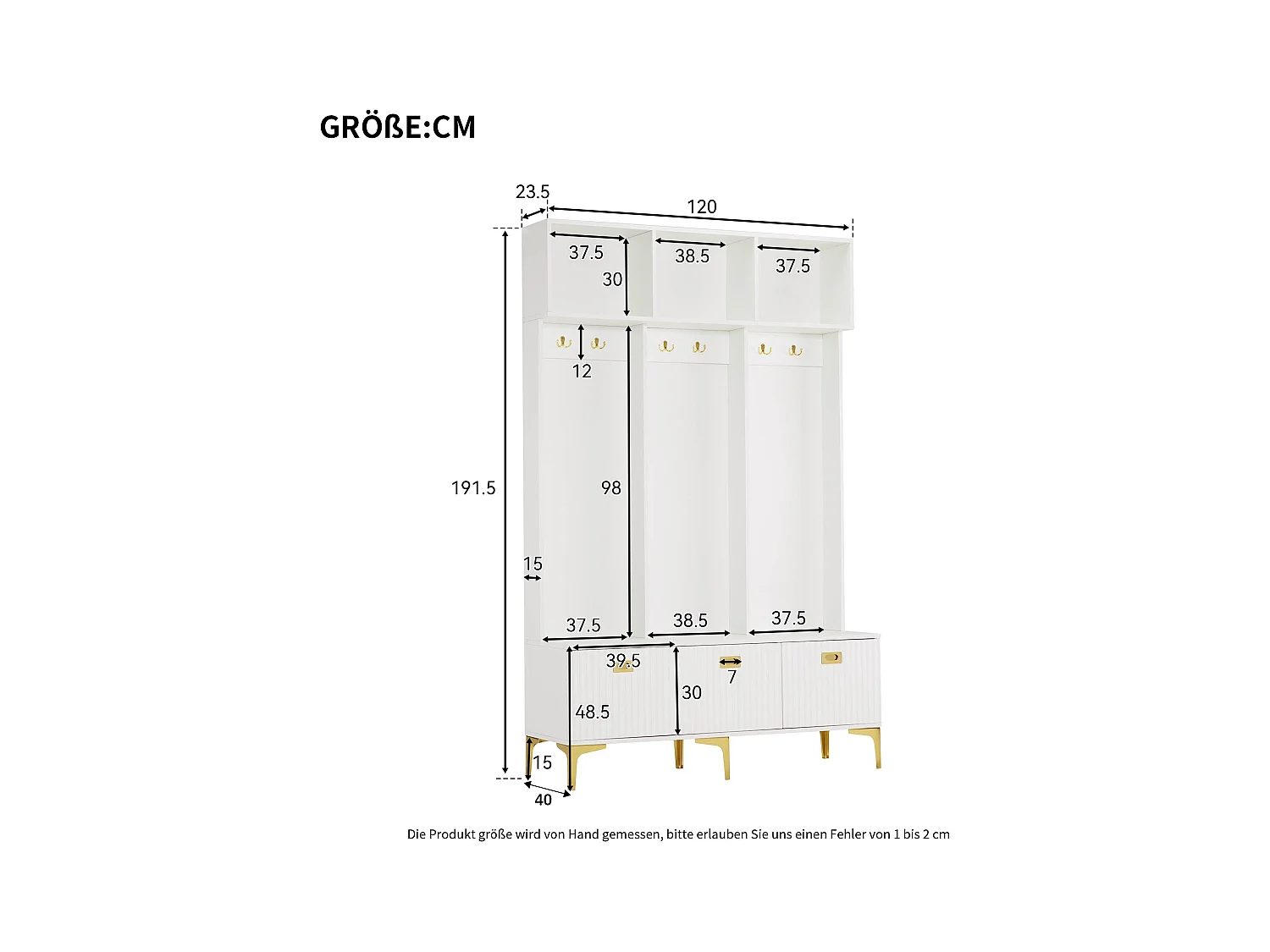 Entreemeubelset 120x40x191,5 met bank en haken, spaanplaat in wit, voor woonkamer en hal