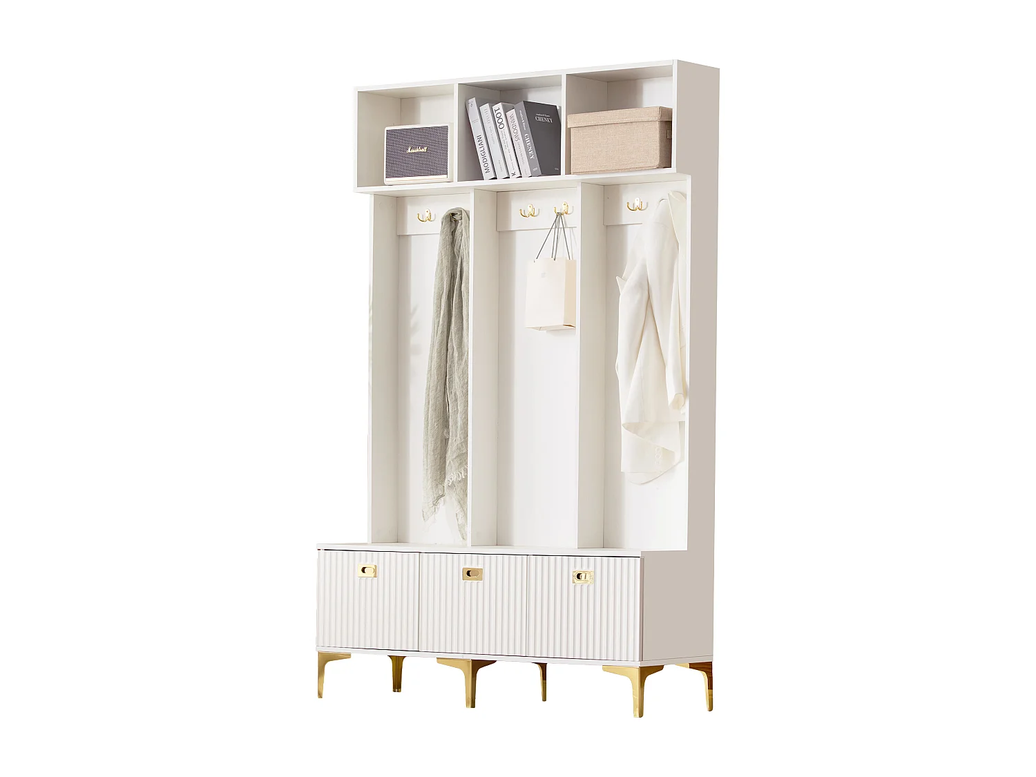 Ensemble vestiaire d'entrée 120x23.5x191.5 cm, rangement multifonction, banquette, panneaux striés brillants, panneaux de particules blanc