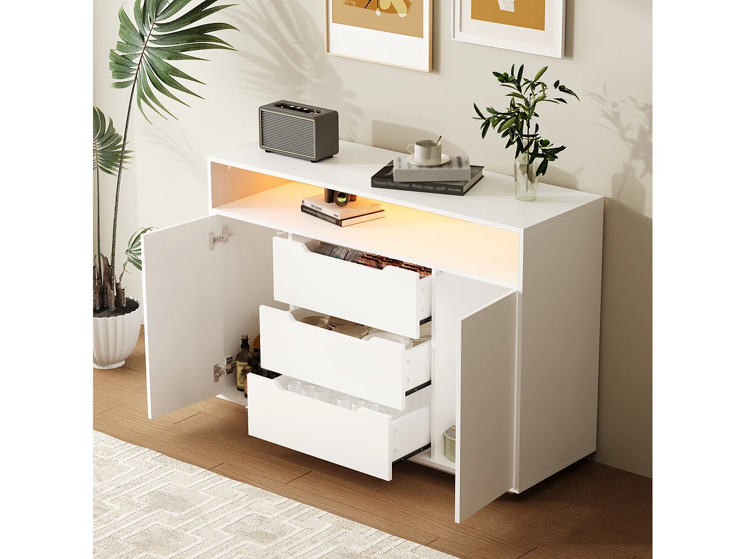 Buffet 120x40x85cm avec LED etagères ouvertes trois tiroirs et portes d'armoire latérales en blanc pour salon et salle à manger ou bureau