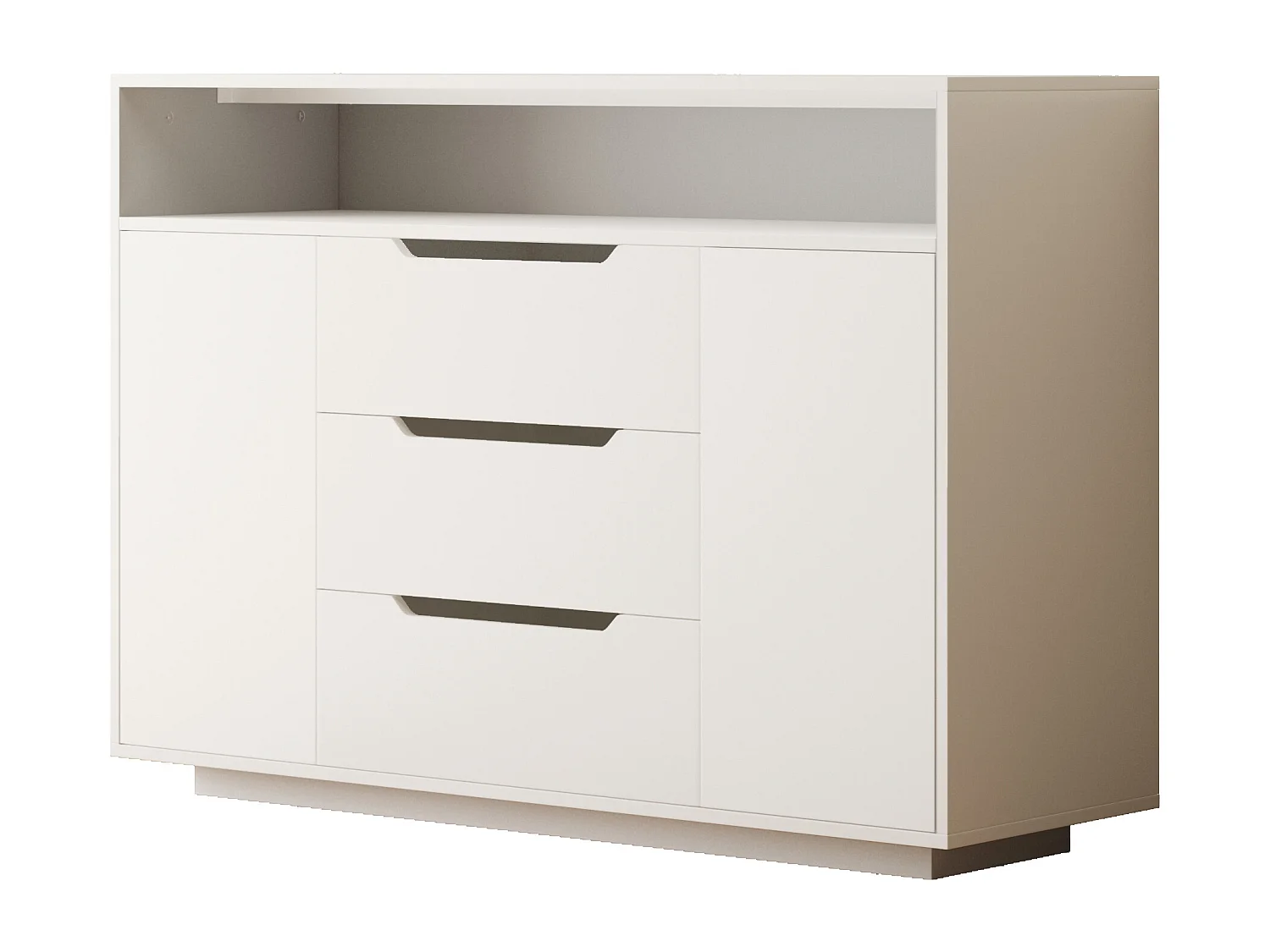 Buffet 120x40x85cm avec LED etagères ouvertes trois tiroirs et portes d'armoire latérales en blanc pour salon et salle à manger ou bureau