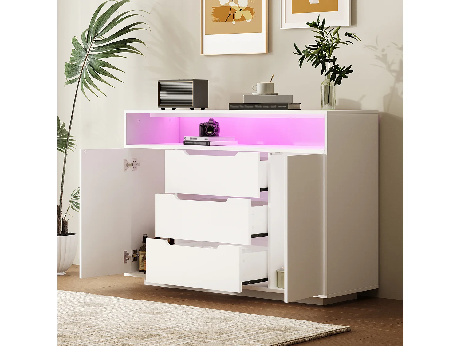 Buffet 120x40x85cm avec LED etagères ouvertes trois tiroirs et portes d'armoire latérales en blanc pour salon et salle à manger ou bureau