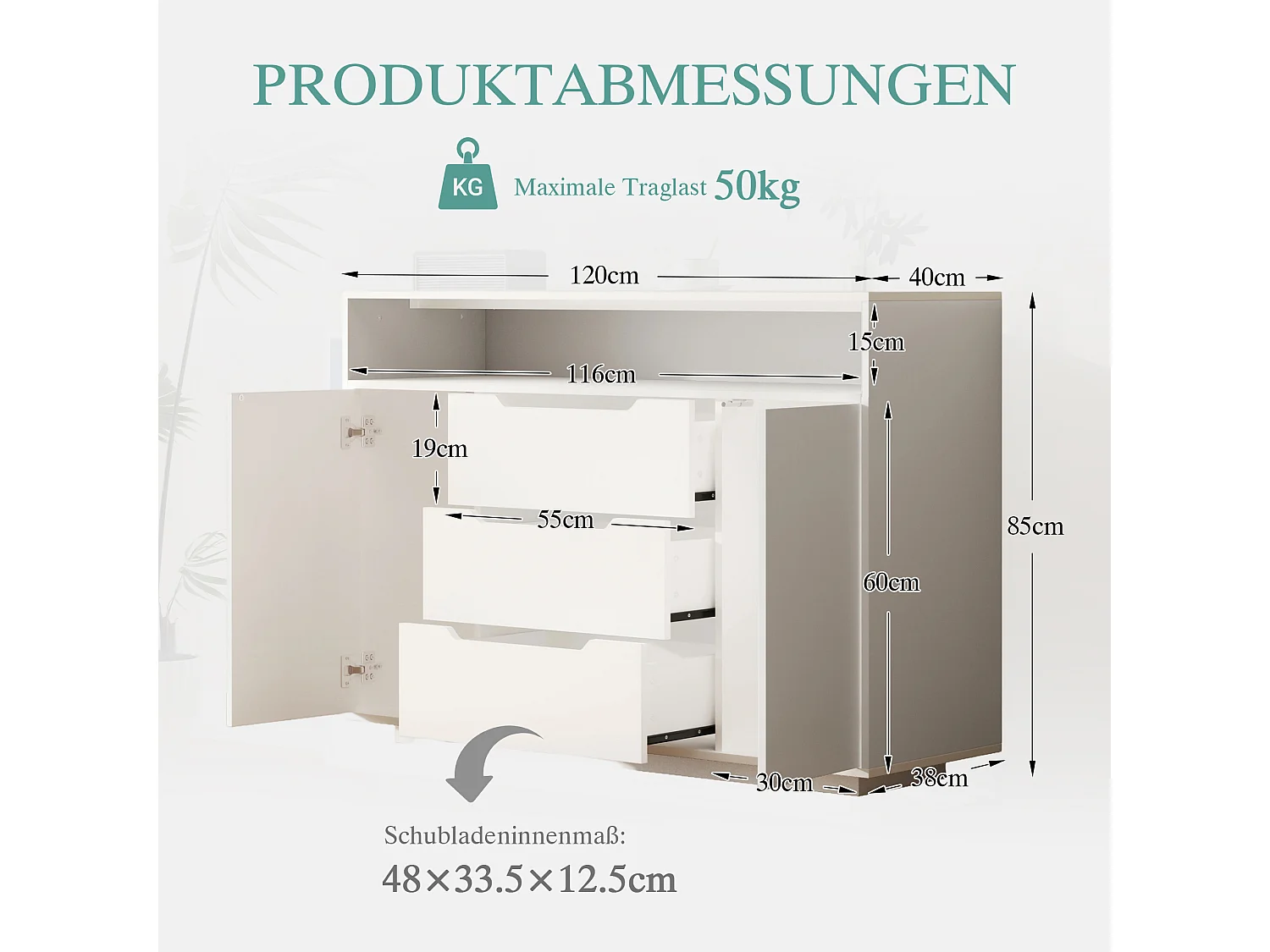 Buffet 120x40x85 cm, 1 étagère ouverte, 3 tiroirs, portes avec étagères, bois d’ingénierie, blanc