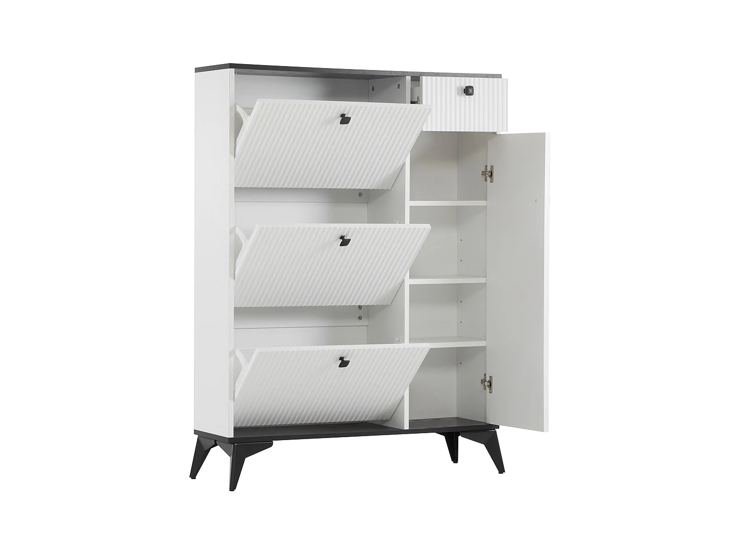 Schoenenkast 90x25x121 cm met uitklapbare planken, spaanplaat in wit en zwart, voor woonkamer