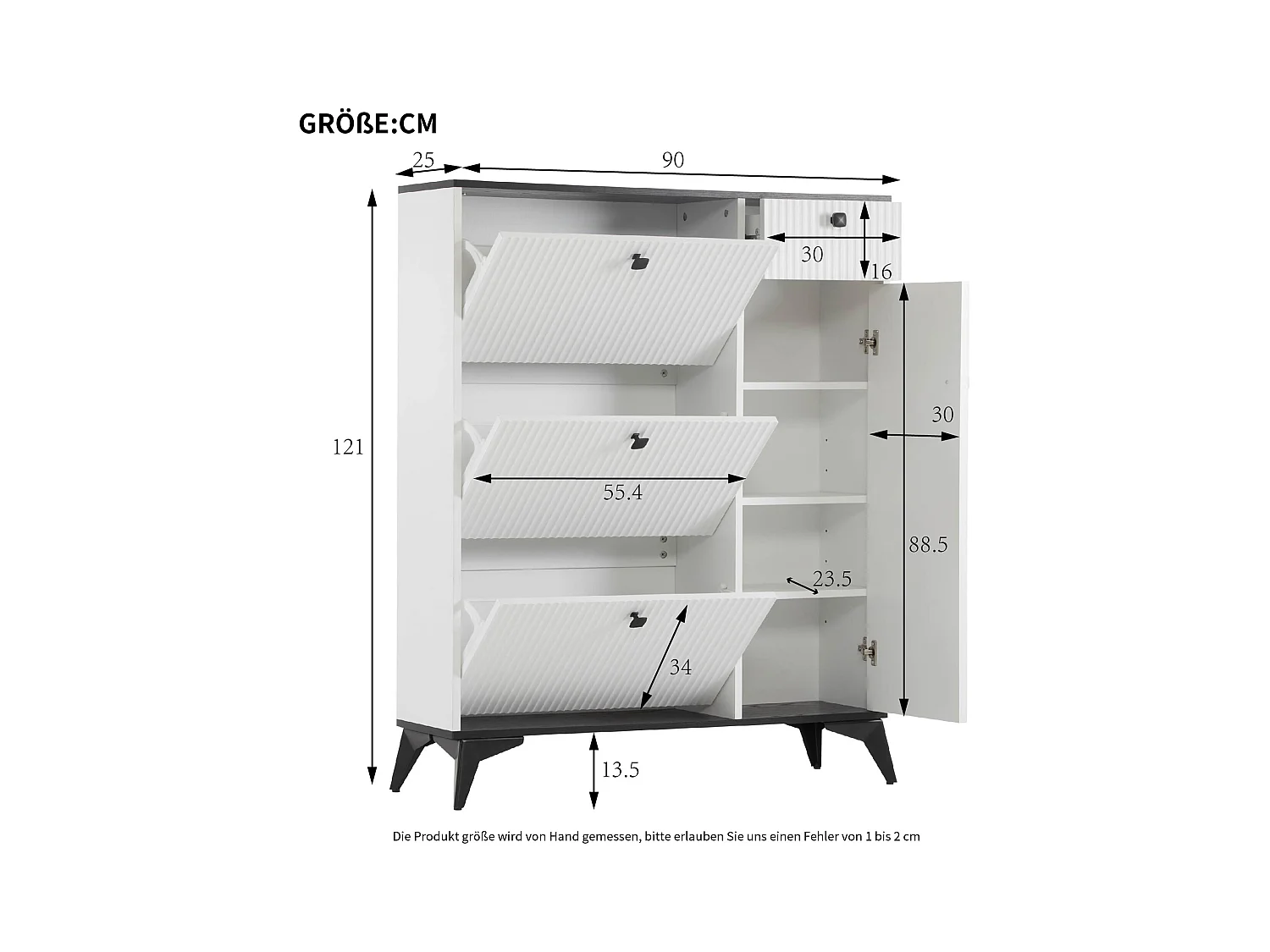 Schoenenkast 90x25x121 cm met uitklapbare planken, spaanplaat in wit en zwart, voor woonkamer