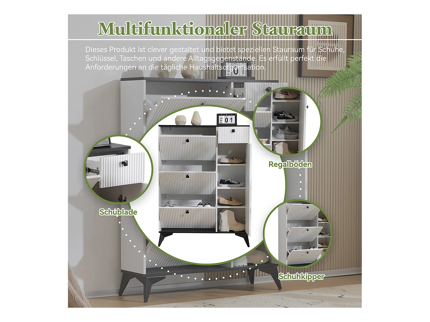 Schoenenkast 90x25x121 cm met uitklapbare planken, spaanplaat in wit en zwart, voor woonkamer