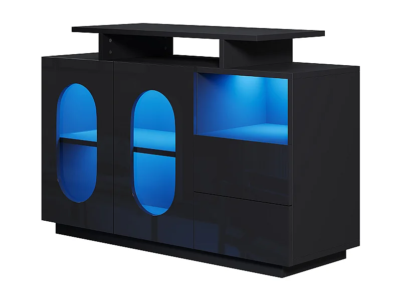 Buffet 120x40x80 cm, éclairage LED intégré, étagères réglables, vitrines et tiroirs, bois d'ingénierie noir