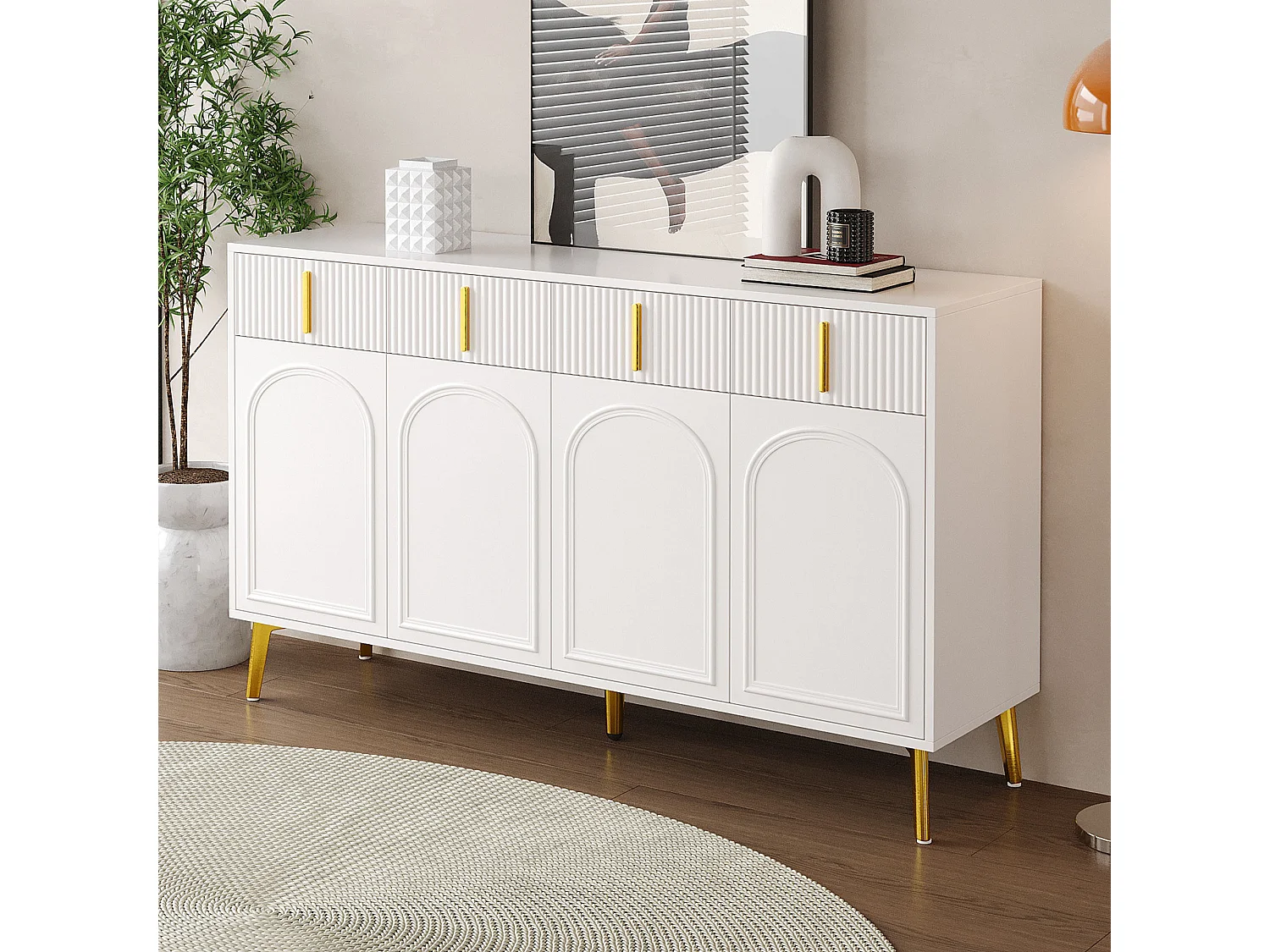 Buffetkast 140x38x82 cm, 4 deuren 4 laden, verstelbare verwijderbare planken, MDF, wit