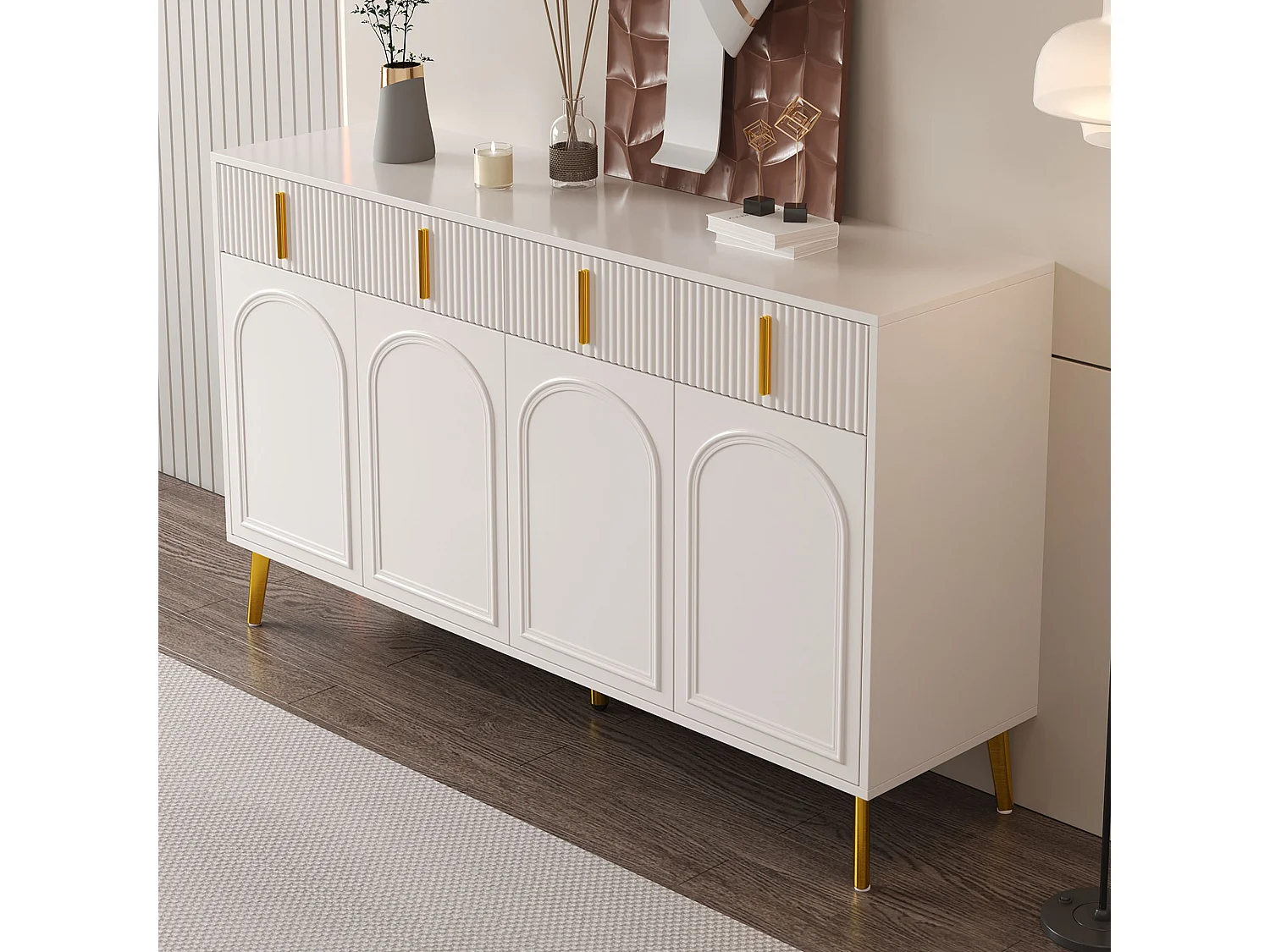 Buffetkast 140x38x82 cm, 4 deuren 4 laden, verstelbare verwijderbare planken, MDF, wit