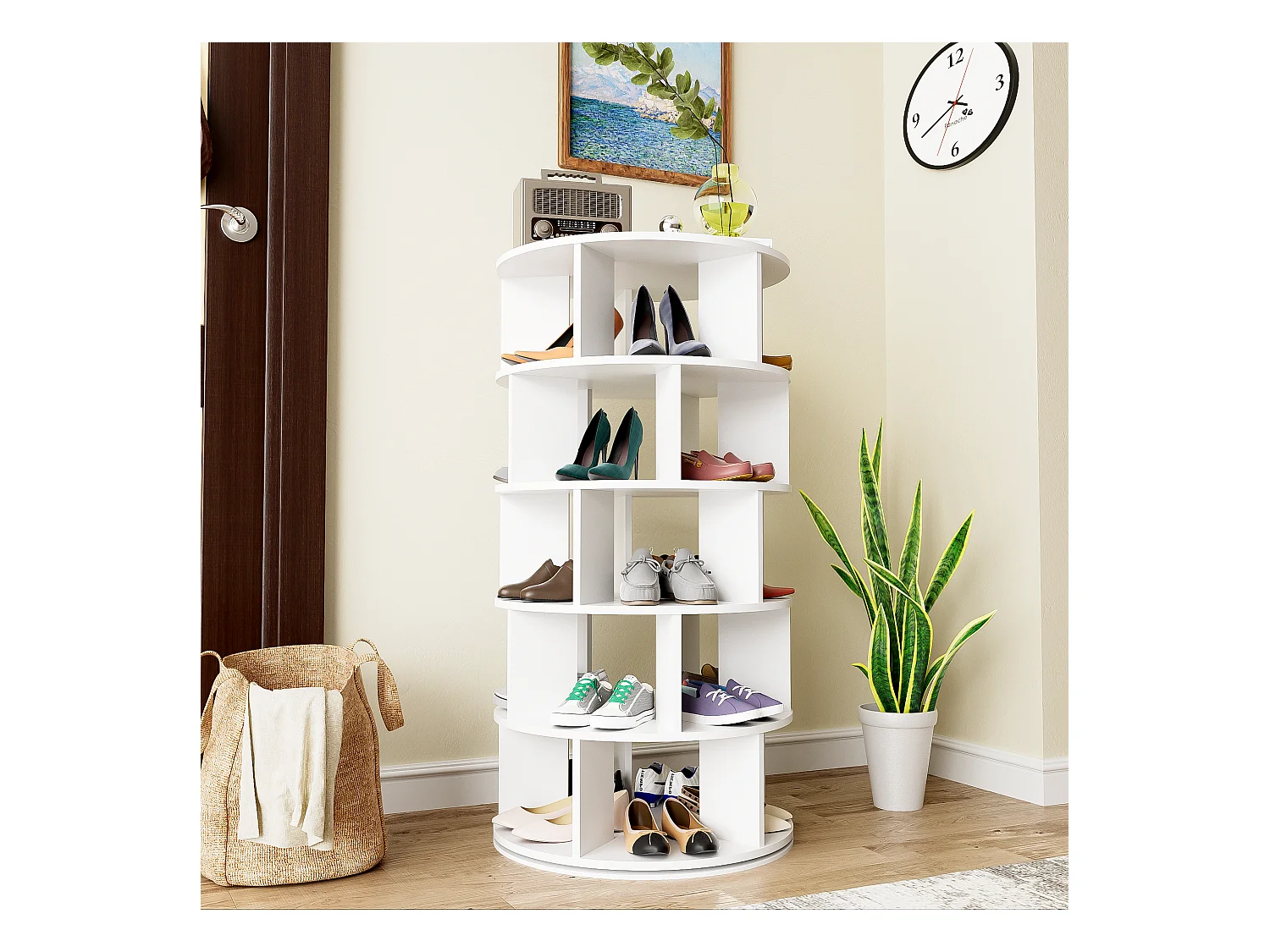 Meuble à Chaussures 60x60x115 cm avec des cloisons rotatives à cinq couches panneaux de particules en blanc