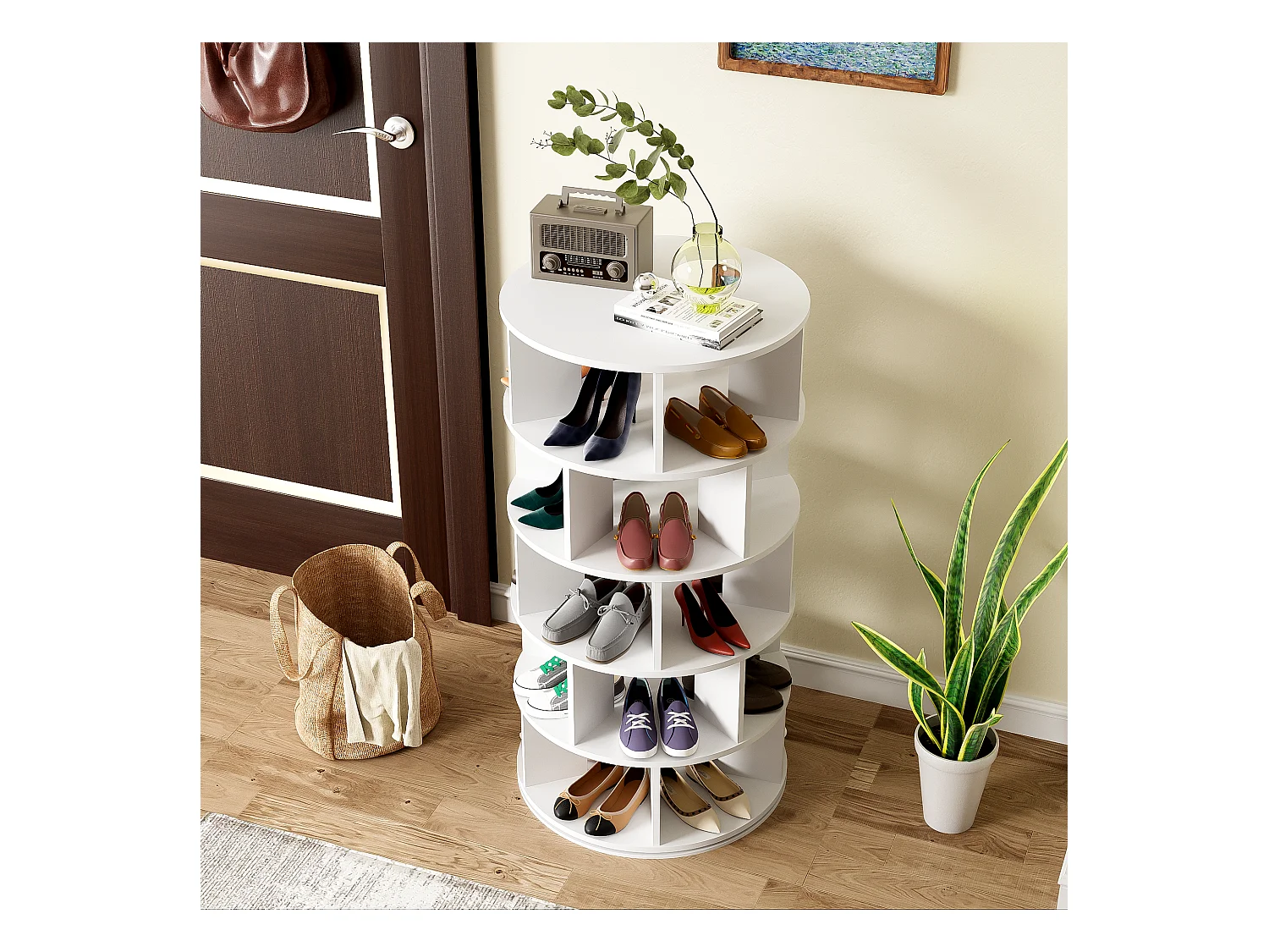 Meuble à Chaussures 60x60x115 cm avec des cloisons rotatives à cinq couches panneaux de particules en blanc