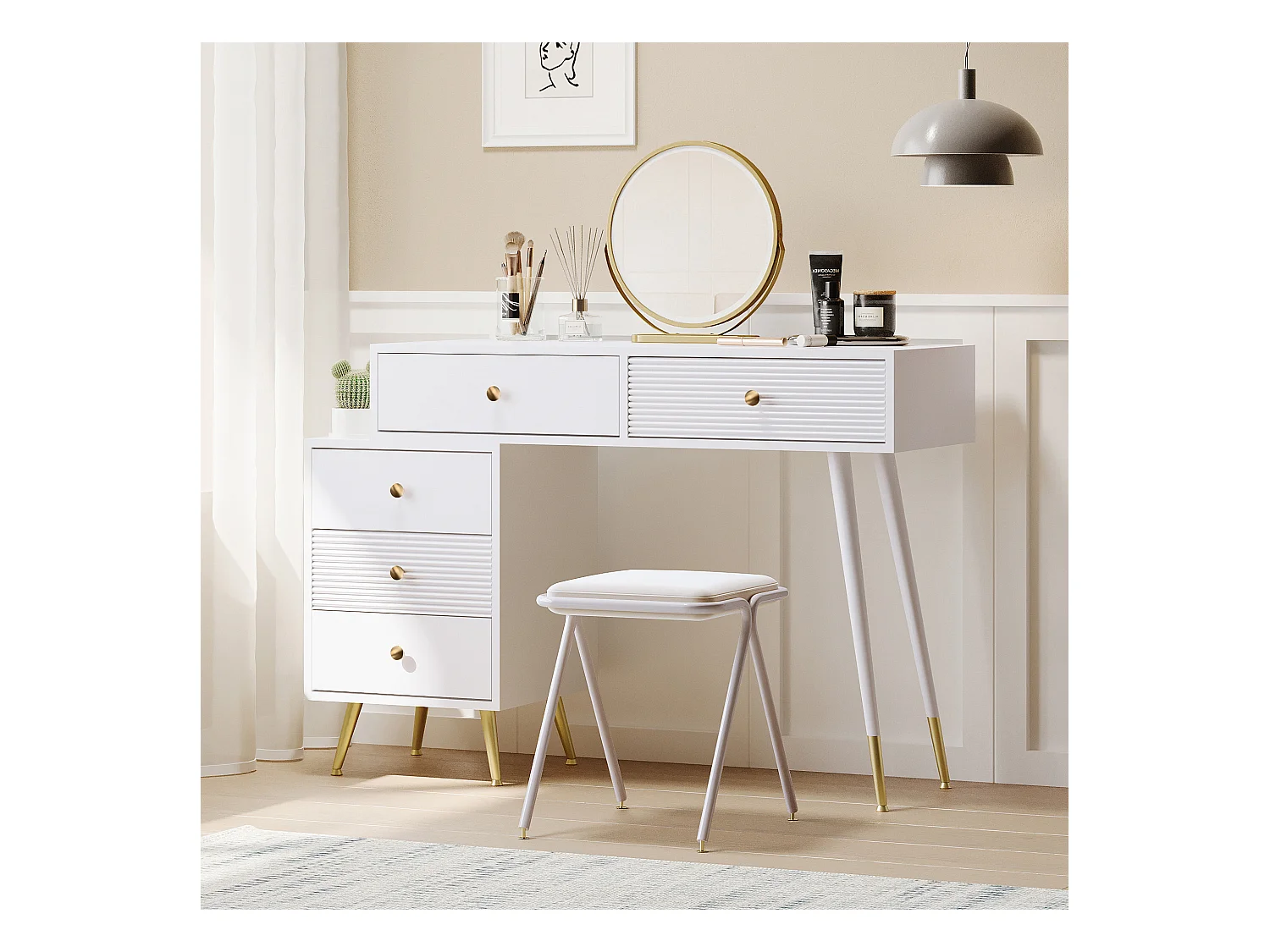 Coiffeuse 100x40x78.5 cm avec éclairage LED miroir et tiroirs panneaux de particules en blanc pour chambre