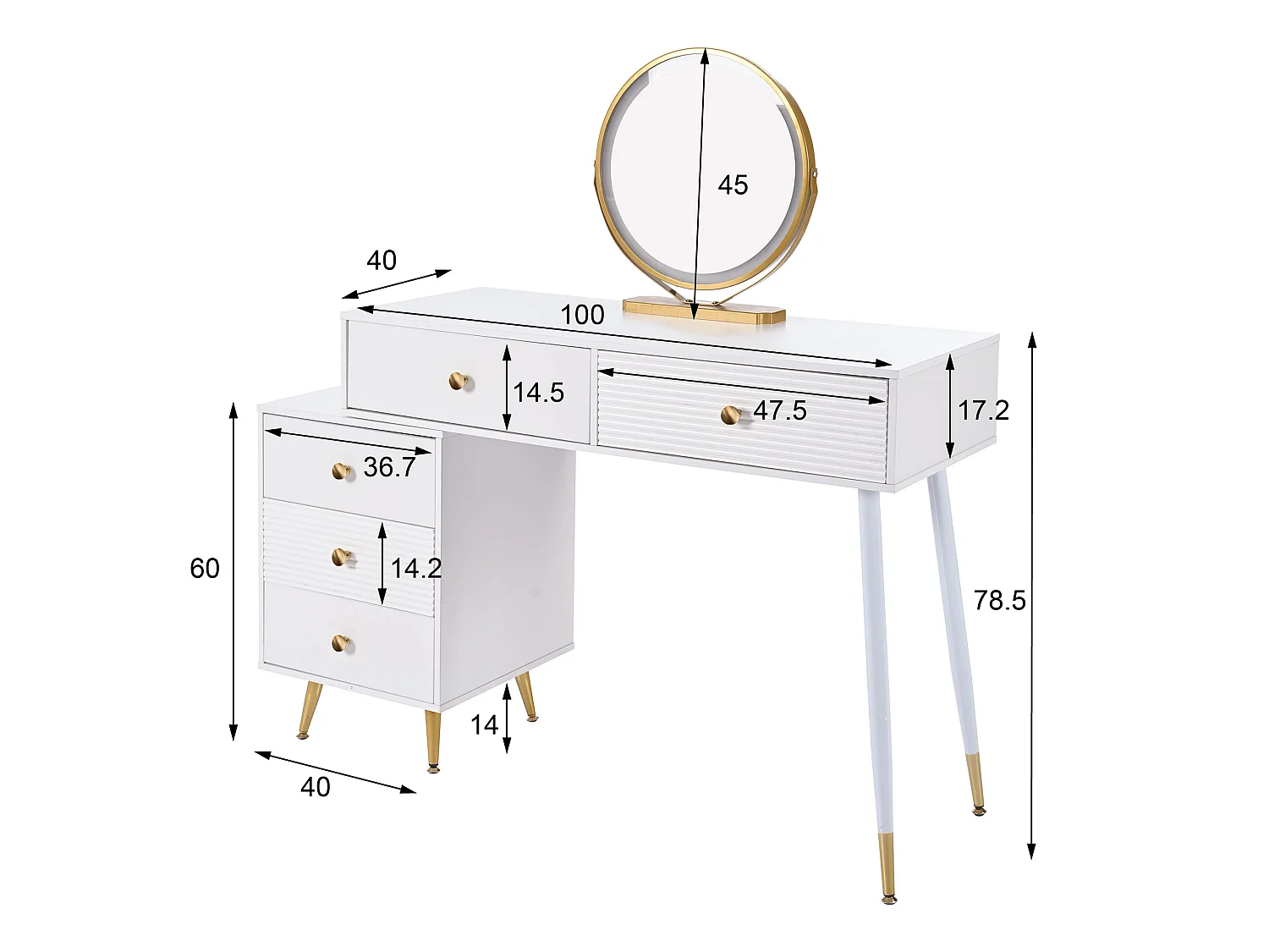 Coiffeuse 100x40x78.5 cm avec éclairage LED miroir et tiroirs panneaux de particules en blanc pour chambre