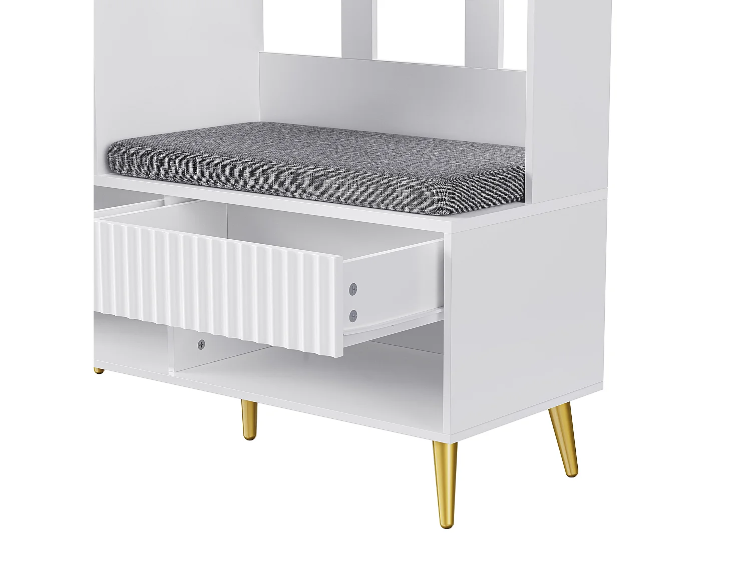 Vestiaire d'entrée 100x35x180 cm, 4 crochets, 2 tiroirs, 1 porte, banc avec coussin, MDF blanc