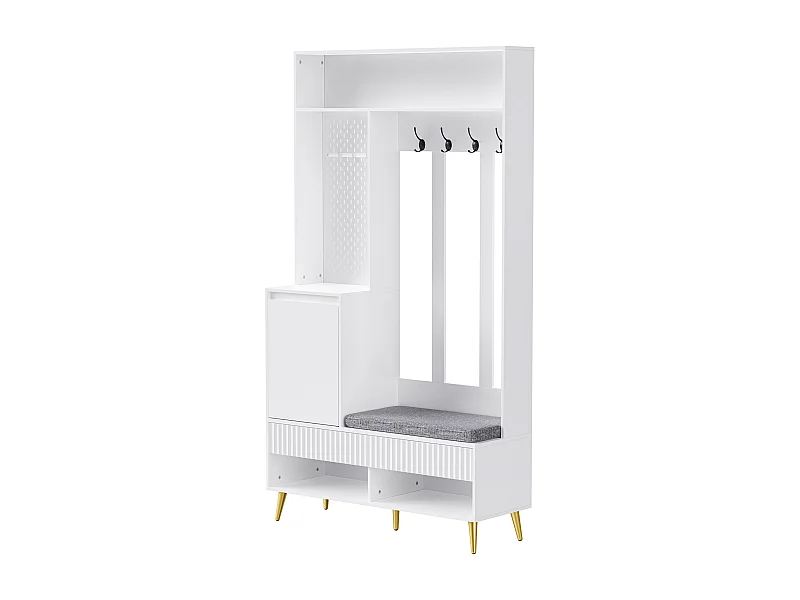 Vestiaire d'entrée 100x35x180 cm, 4 crochets, 2 tiroirs, 1 porte, banc avec coussin, MDF blanc